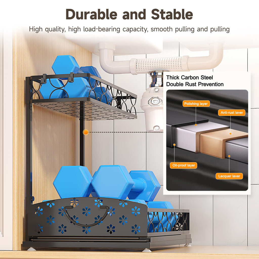 Sevenblue 2 Packs Under Sink Organizer, Height Adjustable 2 Tier Under Kitchen Sink Organizer, Multi-Purpose Storage Shelf for Kitchen Bathroom Cabinet (Black, Large)