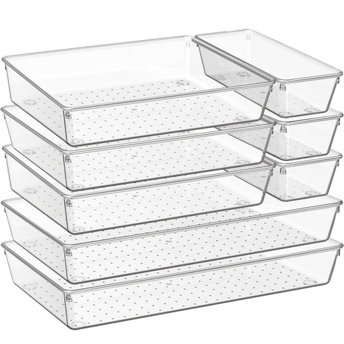 6 Pack Large Clear Plastic Drawer Organizer Trays, Acrylic Kitchen Drawer Organization and Storage Dividers, Non-Slip Storage Bins for Makeup, Kitchen Utensils, Bathroom, Jewelries and Office Desk
