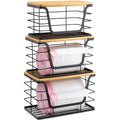ALOCEO 2 Pack Storage Stackable Kitchen Laundry Organizers with Bamboo Top, Large Trash Bag Holder and Small Garbage Bag Dispenser for Countertop Organization