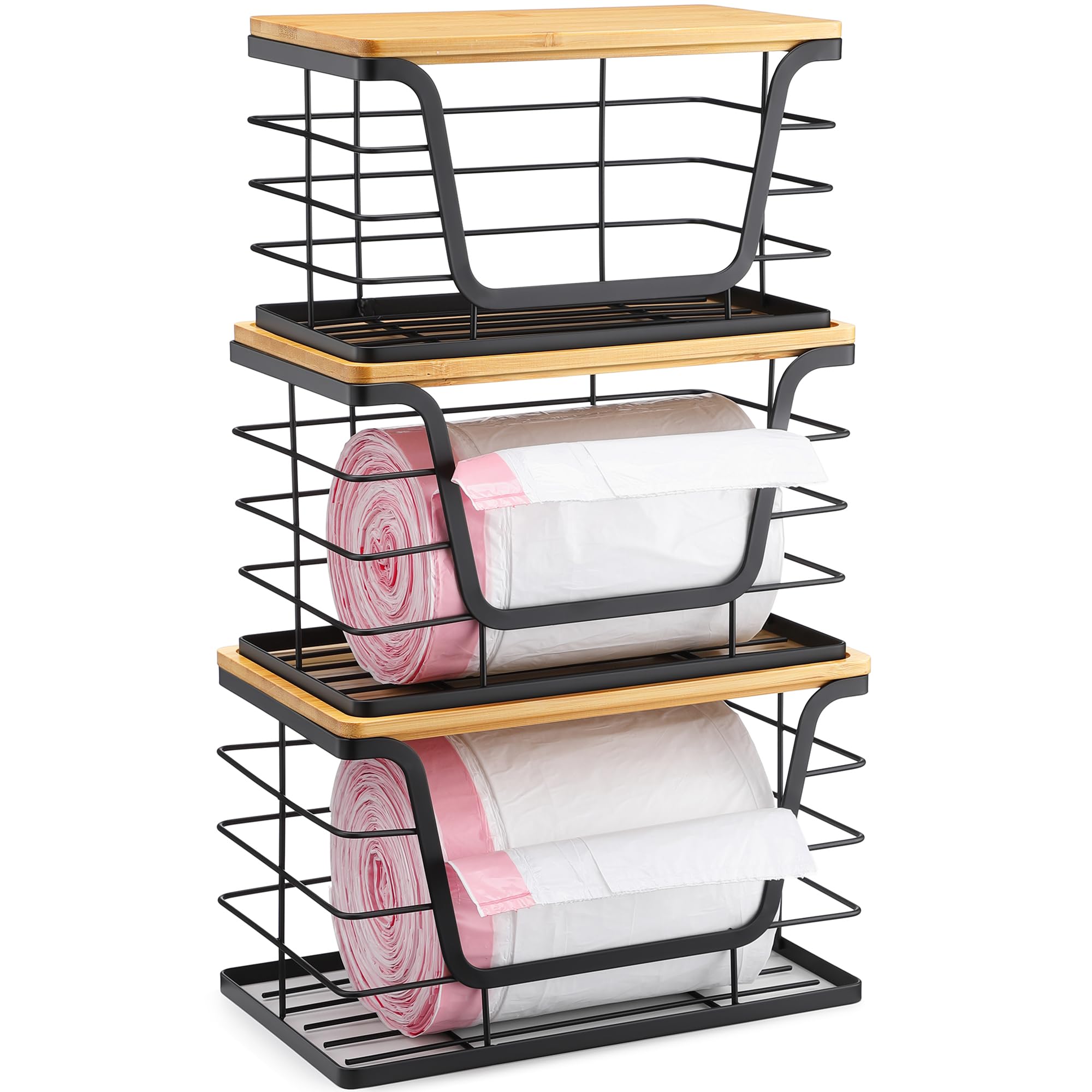 ALOCEO 2 Pack Storage Stackable Kitchen Laundry Organizers with Bamboo Top, Large Trash Bag Holder and Small Garbage Bag Dispenser for Countertop Organization