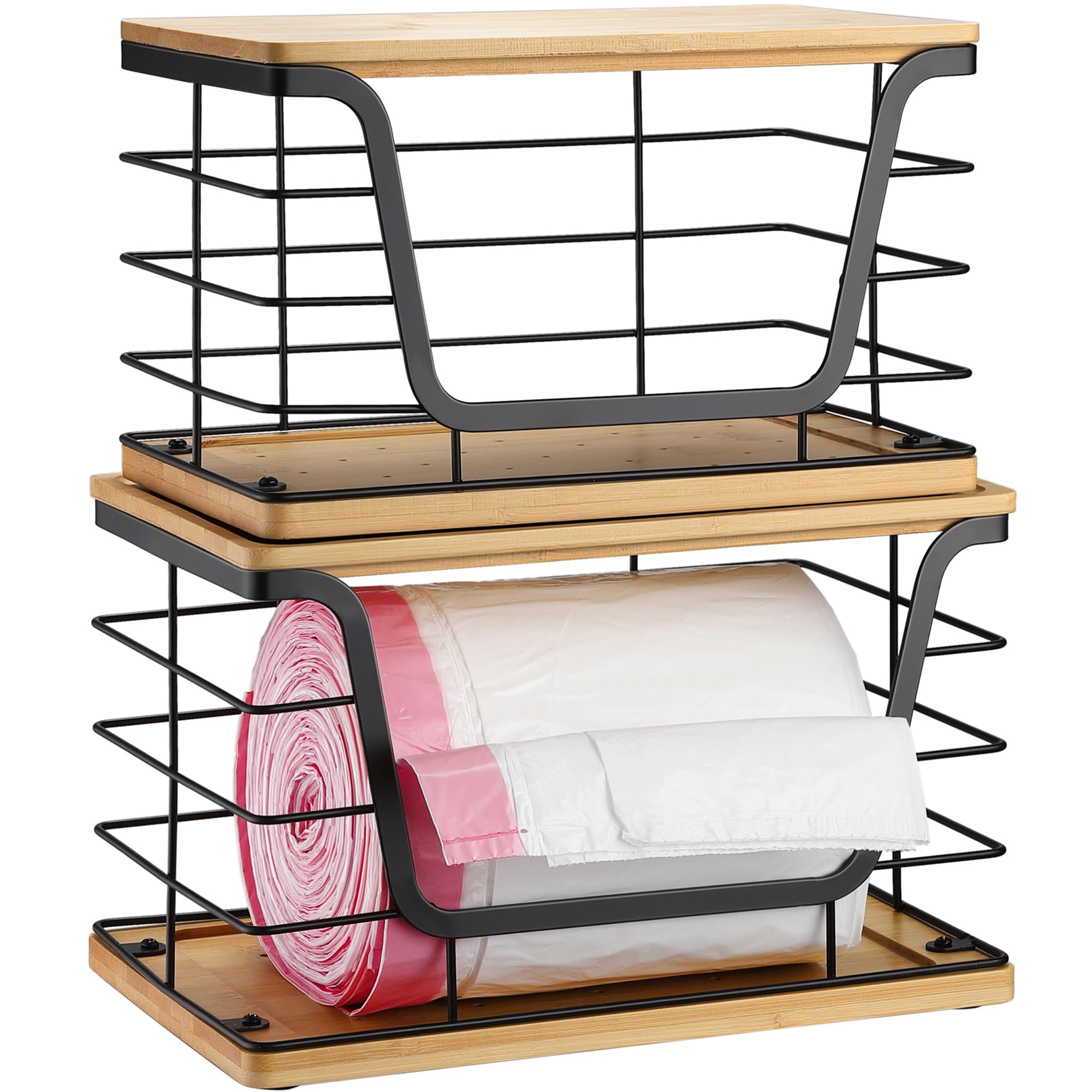 ALOCEO 2 Pack Storage Stackable Kitchen Laundry Organizers with Bamboo Top, Large Trash Bag Holder and Small Garbage Bag Dispenser for Countertop Organization