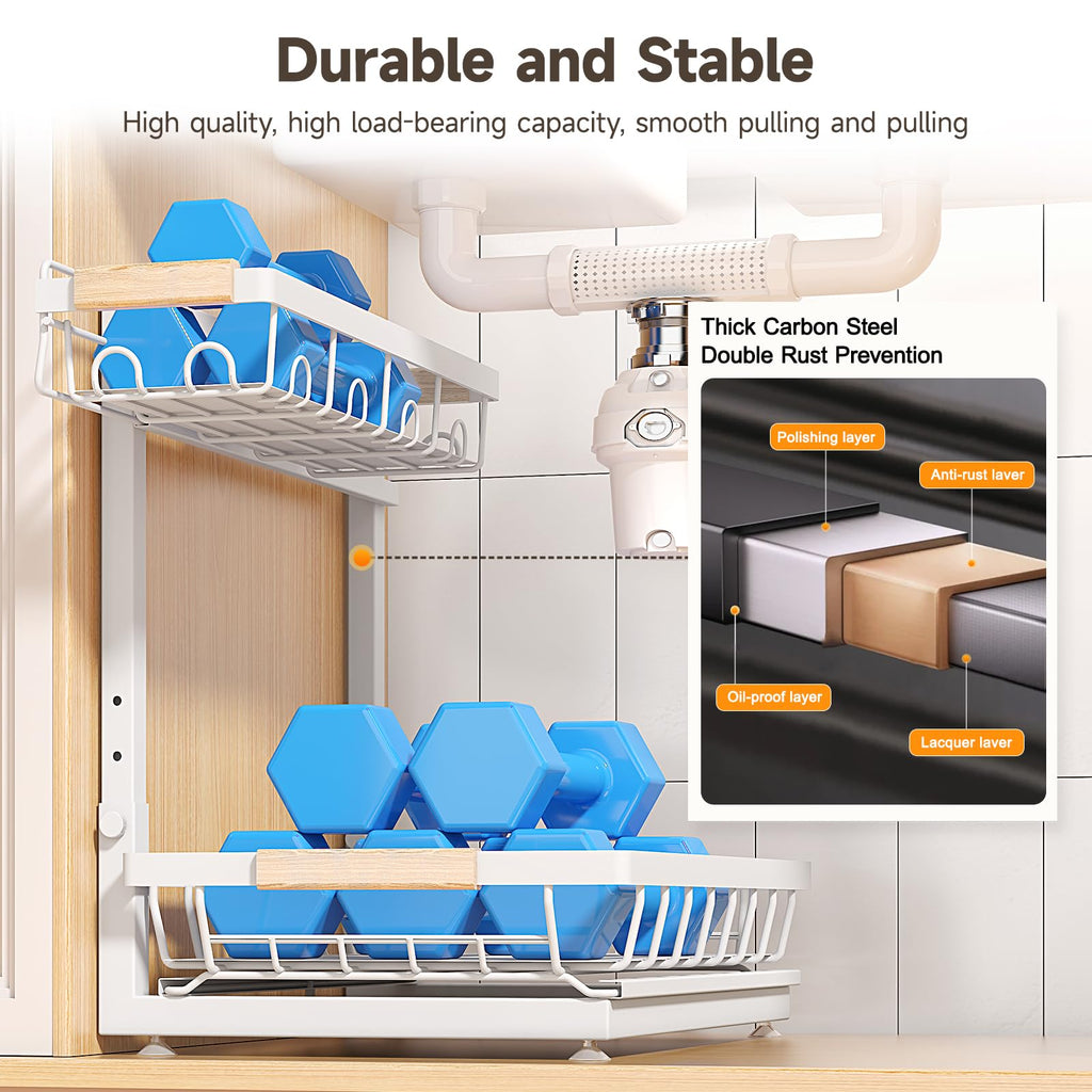 Sevenblue 2 Packs Under Sink Organizer, Height Adjustable 2 Tier Under Kitchen Sink Organizer, Multi-Purpose Storage Shelf for Kitchen Bathroom Cabinet (Black, Large)