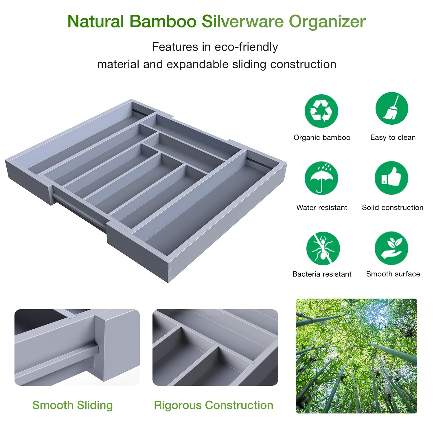 Pipishell Bamboo Expandable Silverware Drawer Organizer