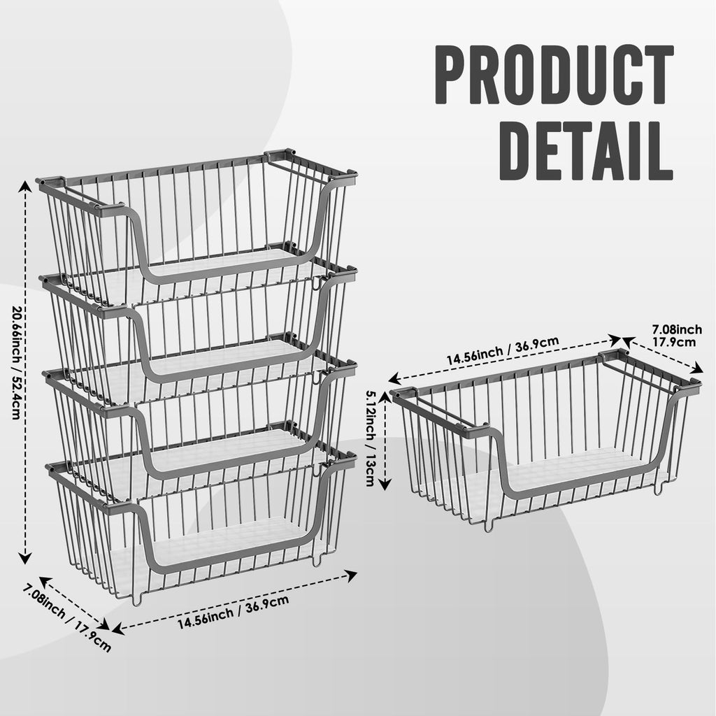GAOKASE 4 Pcs Stackable Wire Baskets for Pantry Organizers and Storage,Vegetable Fruit Basket for Countertop,Kitchen Storage Metal Baskets,Produce Potato Onion Storage Bin,Black