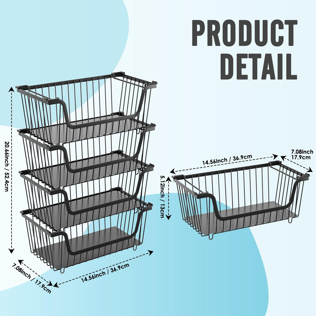 GAOKASE 4 Pcs Stackable Wire Baskets for Pantry Organizers and Storage,Vegetable Fruit Basket for Countertop,Kitchen Storage Metal Baskets,Produce Potato Onion Storage Bin,Black