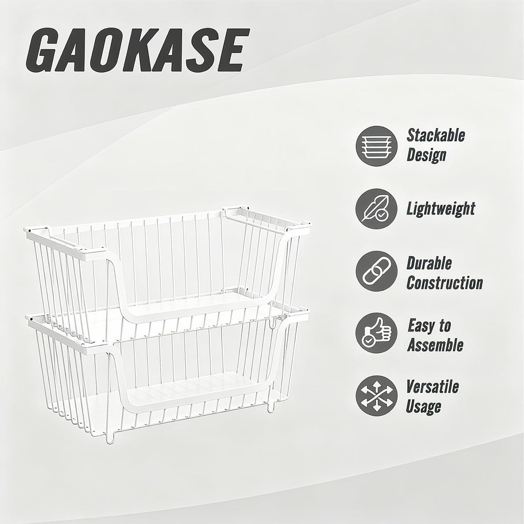 GAOKASE 4 Pcs Stackable Wire Baskets for Pantry Organizers and Storage,Vegetable Fruit Basket for Countertop,Kitchen Storage Metal Baskets,Produce Potato Onion Storage Bin,Black