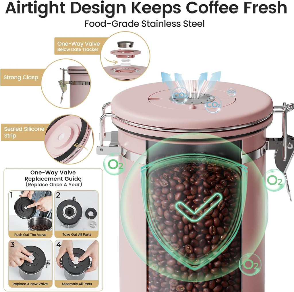 Veken Coffee Canister with Window,Airtight Stainless Steel Pantry Container,Home Kitchen Food Storage Organizers for Ground,Beans,Espresso,Rice,Tea,Sugar,Cereal, Decor,Bar Accessories,Gifts,22OZ,Black