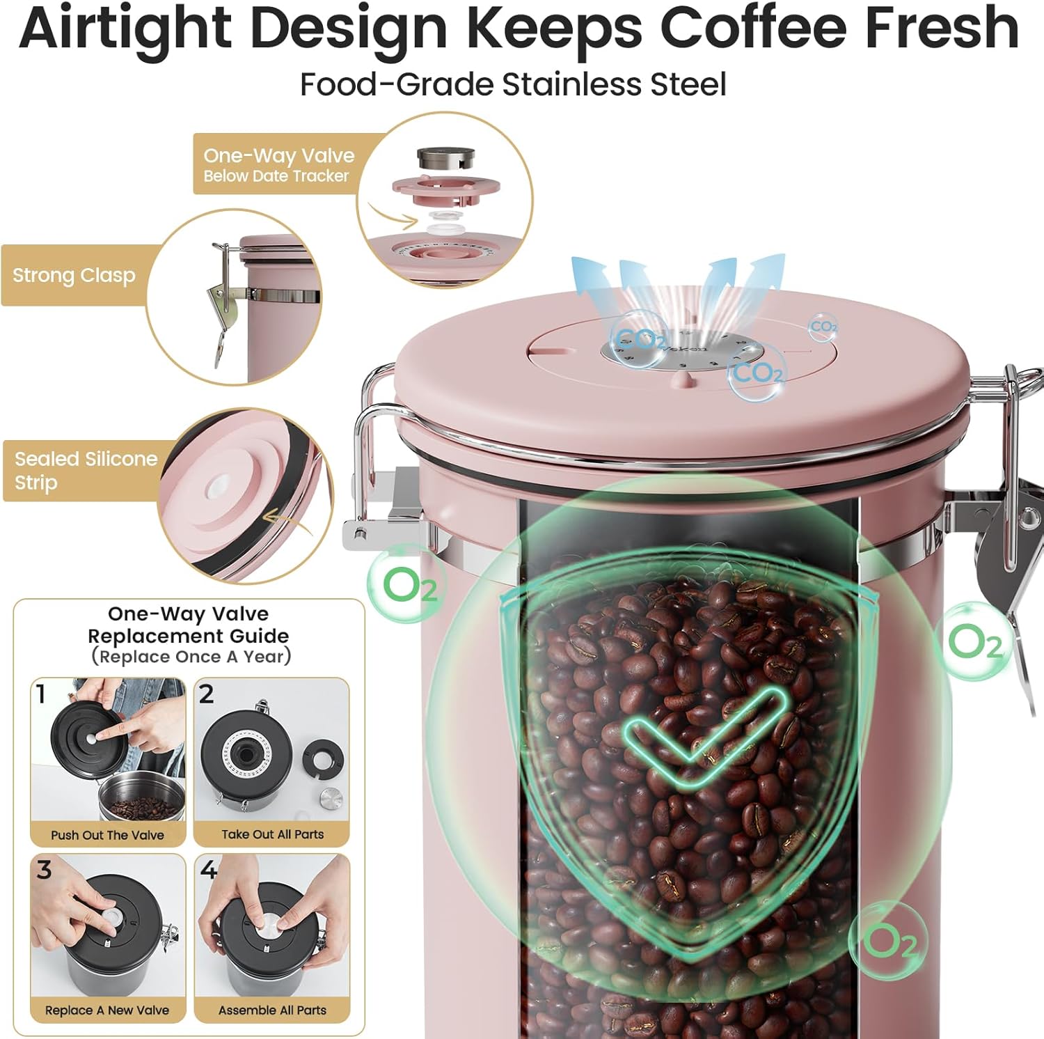 Veken Coffee Canister with Window,Airtight Stainless Steel Pantry Container,Home Kitchen Food Storage Organizers for Ground,Beans,Espresso,Rice,Tea,Sugar,Cereal, Decor,Bar Accessories,Gifts,22OZ,Black