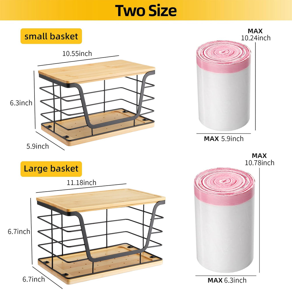 ALOCEO 2 Pack Storage Stackable Kitchen Laundry Organizers with Bamboo Top, Large Trash Bag Holder and Small Garbage Bag Dispenser for Countertop Organization