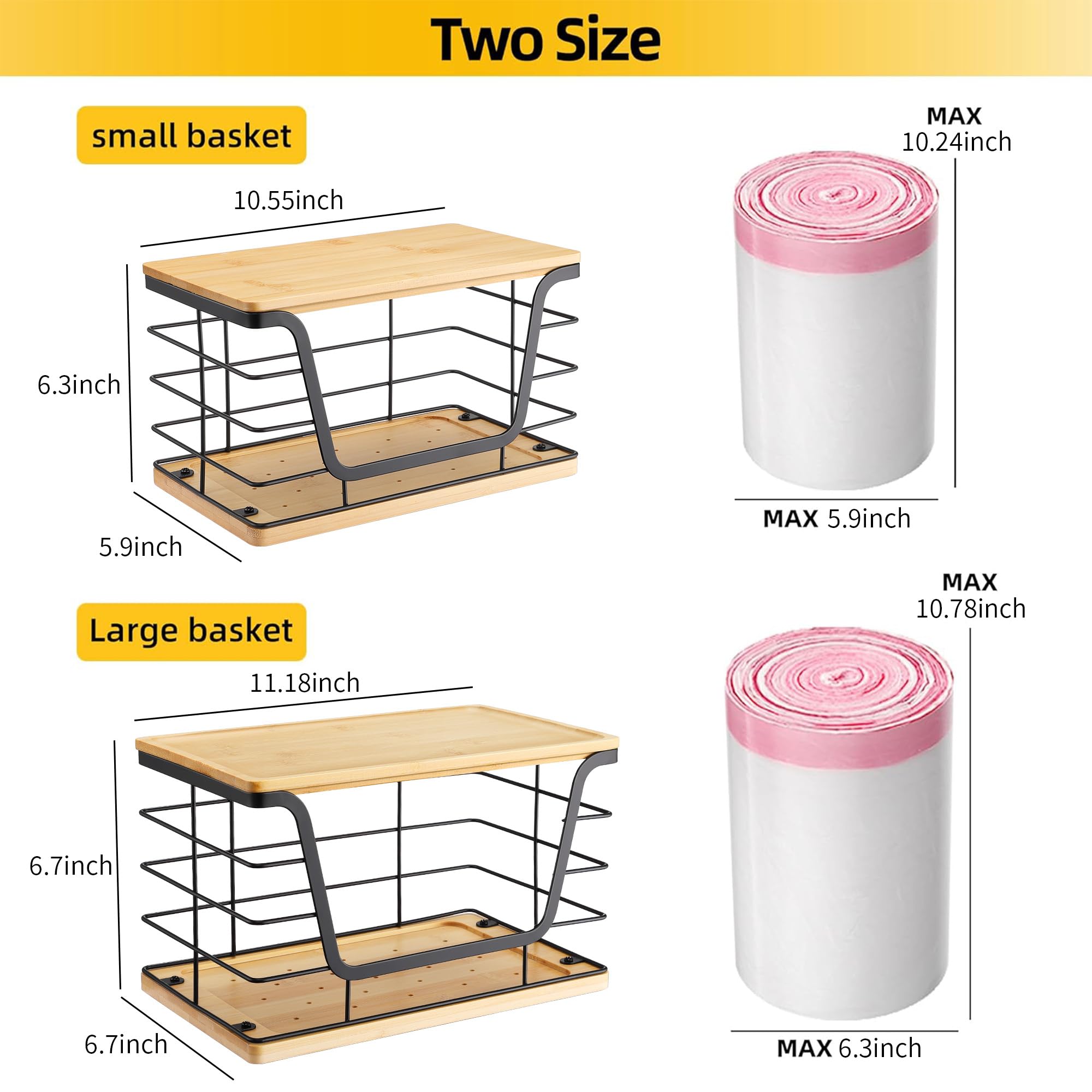 ALOCEO 2 Pack Storage Stackable Kitchen Laundry Organizers with Bamboo Top, Large Trash Bag Holder and Small Garbage Bag Dispenser for Countertop Organization