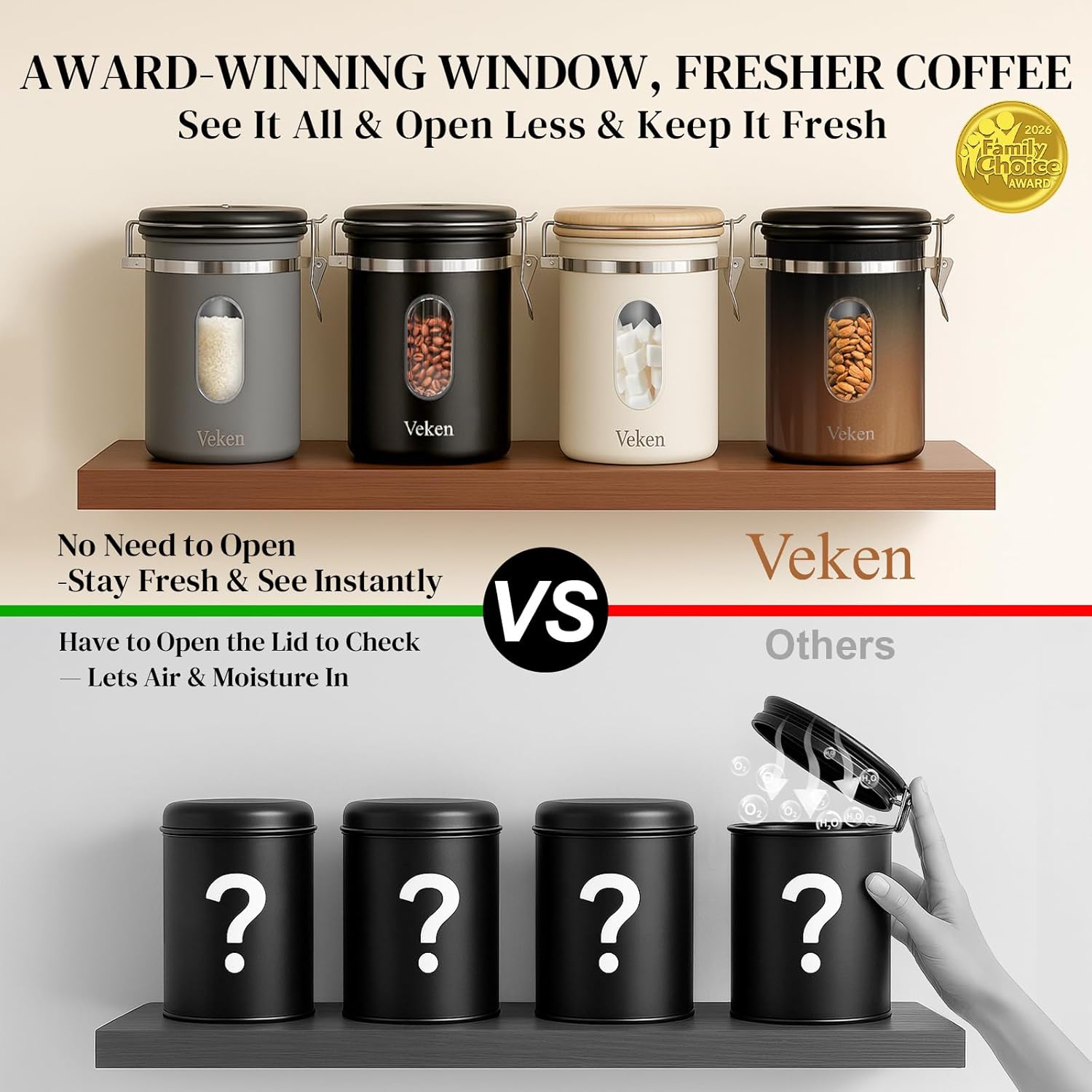 Veken Coffee Canister with Window,Airtight Stainless Steel Pantry Container,Home Kitchen Food Storage Organizers for Ground,Beans,Espresso,Rice,Tea,Sugar,Cereal, Decor,Bar Accessories,Gifts,22OZ,Black