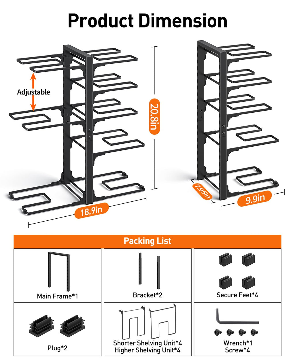 ORDORA Pots and Pans Organizer for Cabinet 16.61 Height, 8 Tier Pot Organizers Rack with 3 DIY Methods, Adjustable Pan Organizer under Cabinet Kitchen Organization and Storage