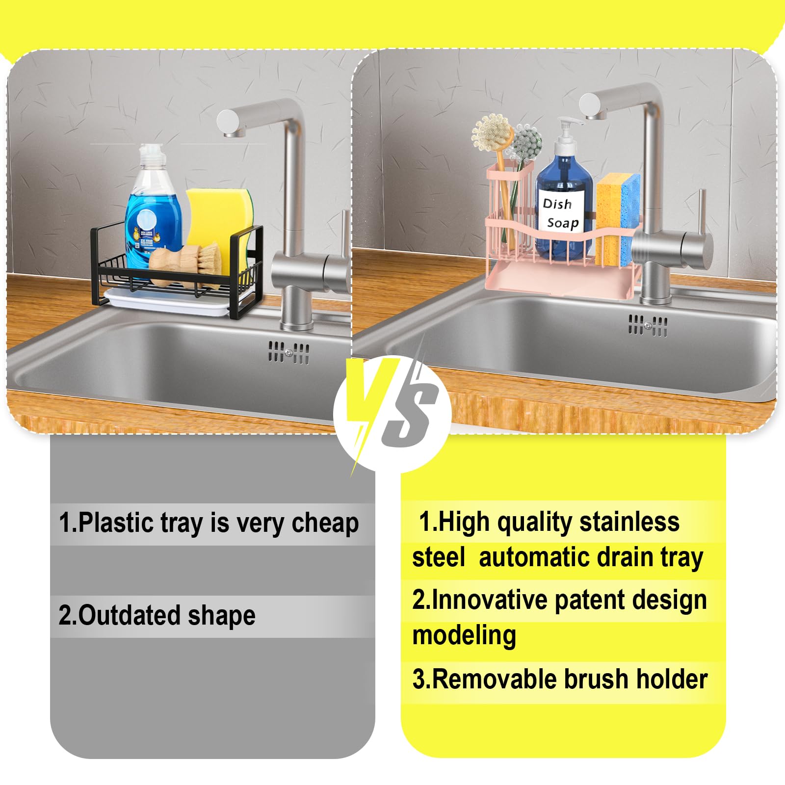Fssvcd Maifan Sink Caddy Sponge Holder for Kitchen with Brush Holder and Stainless Steel Self Drain Tray, Rustproof Kitchen Sink Organizer for Sponge, Soap Dispenser Storage Accessories