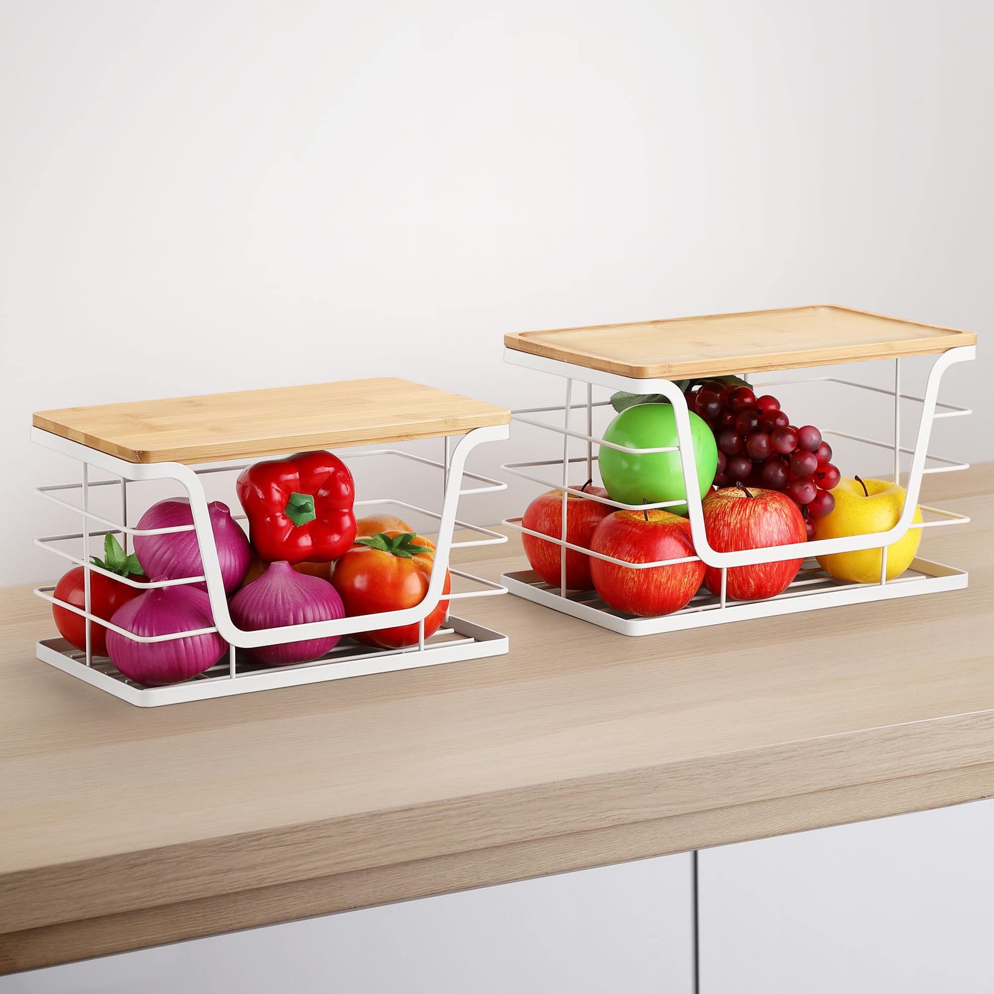 ALOCEO 2 Pack Storage Stackable Kitchen Laundry Organizers with Bamboo Top, Large Trash Bag Holder and Small Garbage Bag Dispenser for Countertop Organization