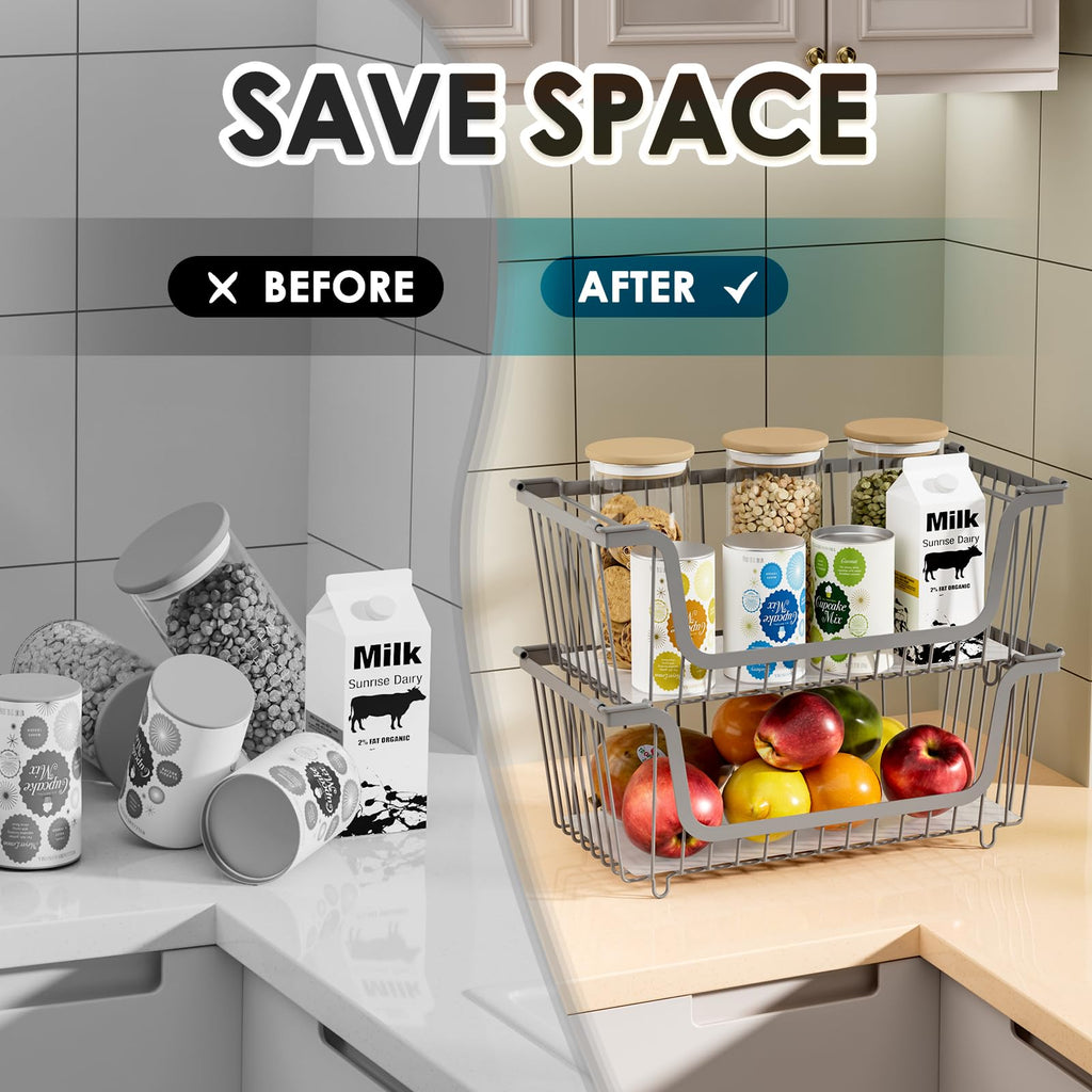 GAOKASE 4 Pcs Stackable Wire Baskets for Pantry Organizers and Storage,Vegetable Fruit Basket for Countertop,Kitchen Storage Metal Baskets,Produce Potato Onion Storage Bin,Black