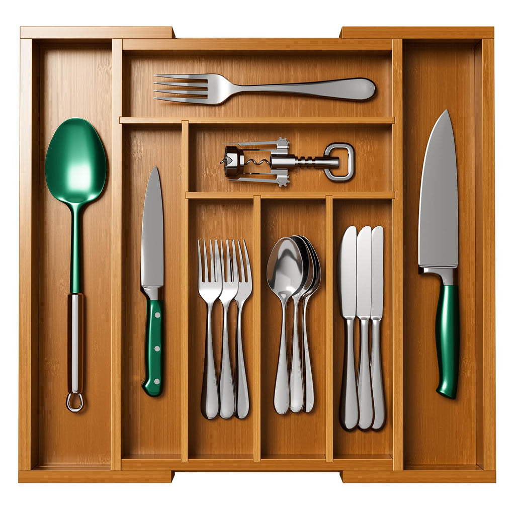 Pipishell Bamboo Expandable Silverware Drawer Organizer