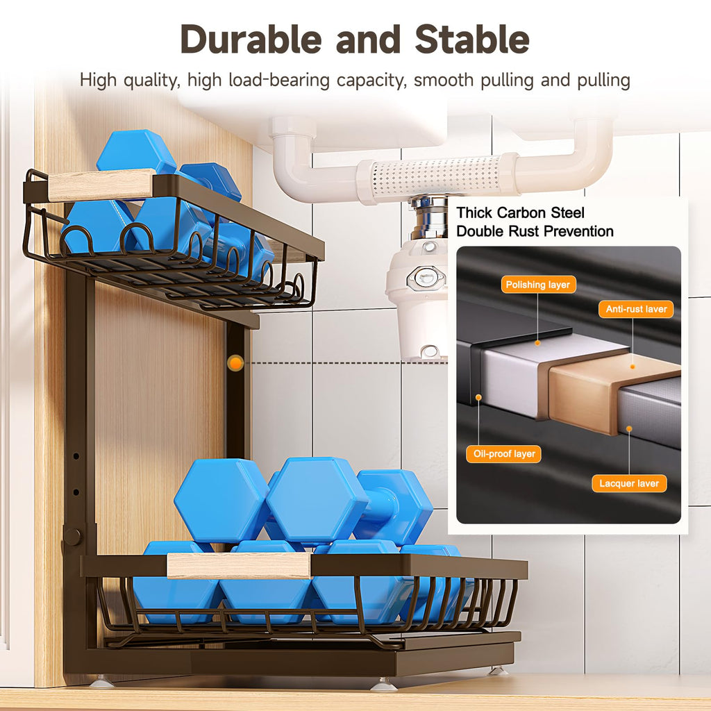 Sevenblue 2 Packs Under Sink Organizer, Height Adjustable 2 Tier Under Kitchen Sink Organizer, Multi-Purpose Storage Shelf for Kitchen Bathroom Cabinet (Black, Large)