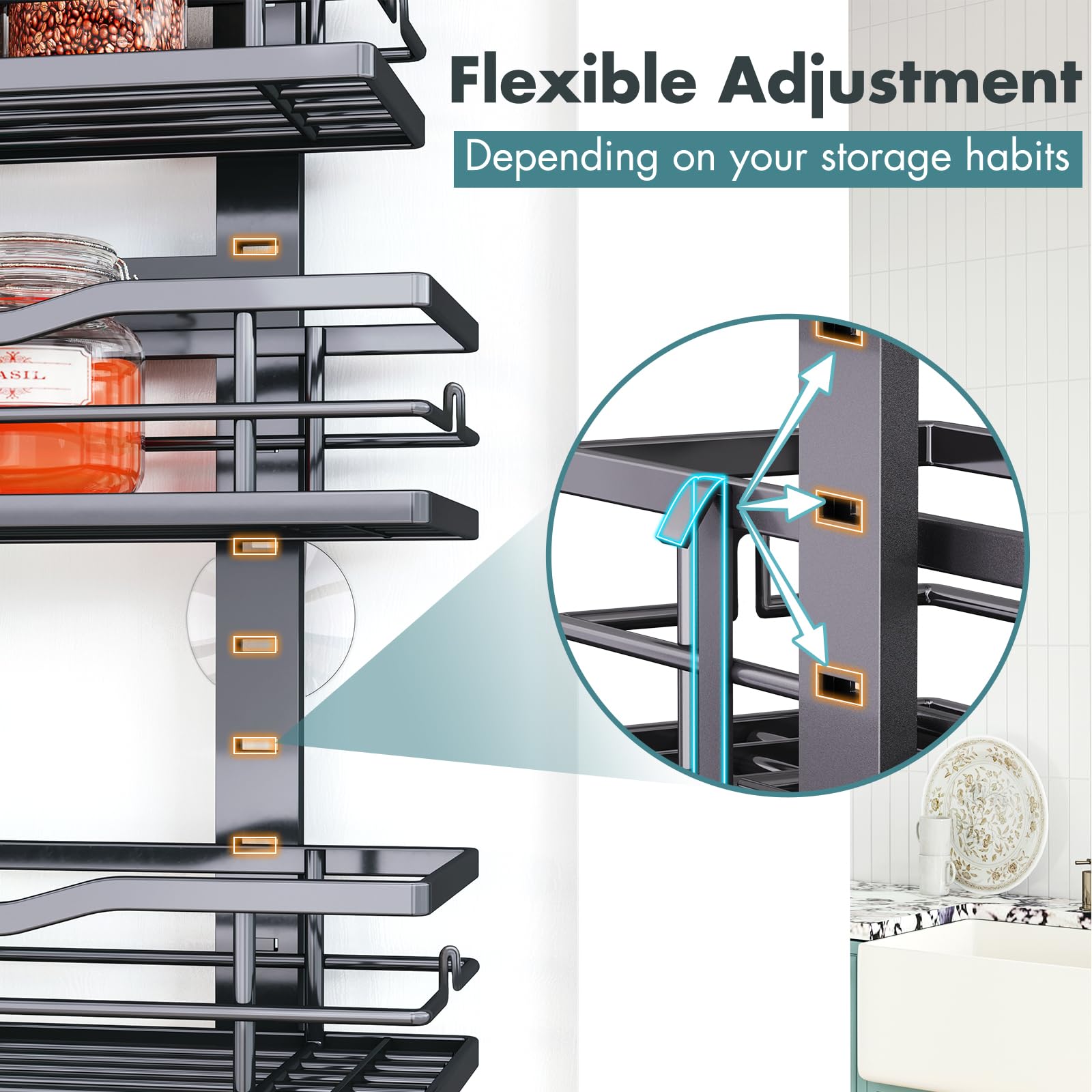 Eastherry Over The Door Pantry Organizer，9-Tier Over The Door Organizer with Adjustable Basket，Metal Hanging Pantry Organizers and Storage for Kitchen, Back of Door Seasoning Rack
