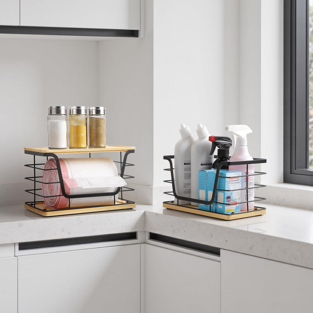 ALOCEO 2 Pack Storage Stackable Kitchen Laundry Organizers with Bamboo Top, Large Trash Bag Holder and Small Garbage Bag Dispenser for Countertop Organization