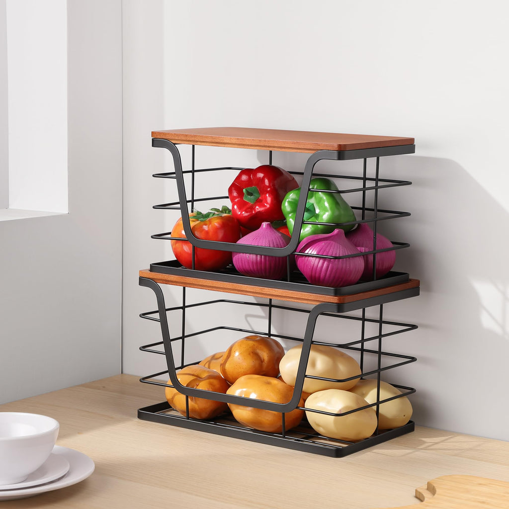 ALOCEO 2 Pack Storage Stackable Kitchen Laundry Organizers with Bamboo Top, Large Trash Bag Holder and Small Garbage Bag Dispenser for Countertop Organization