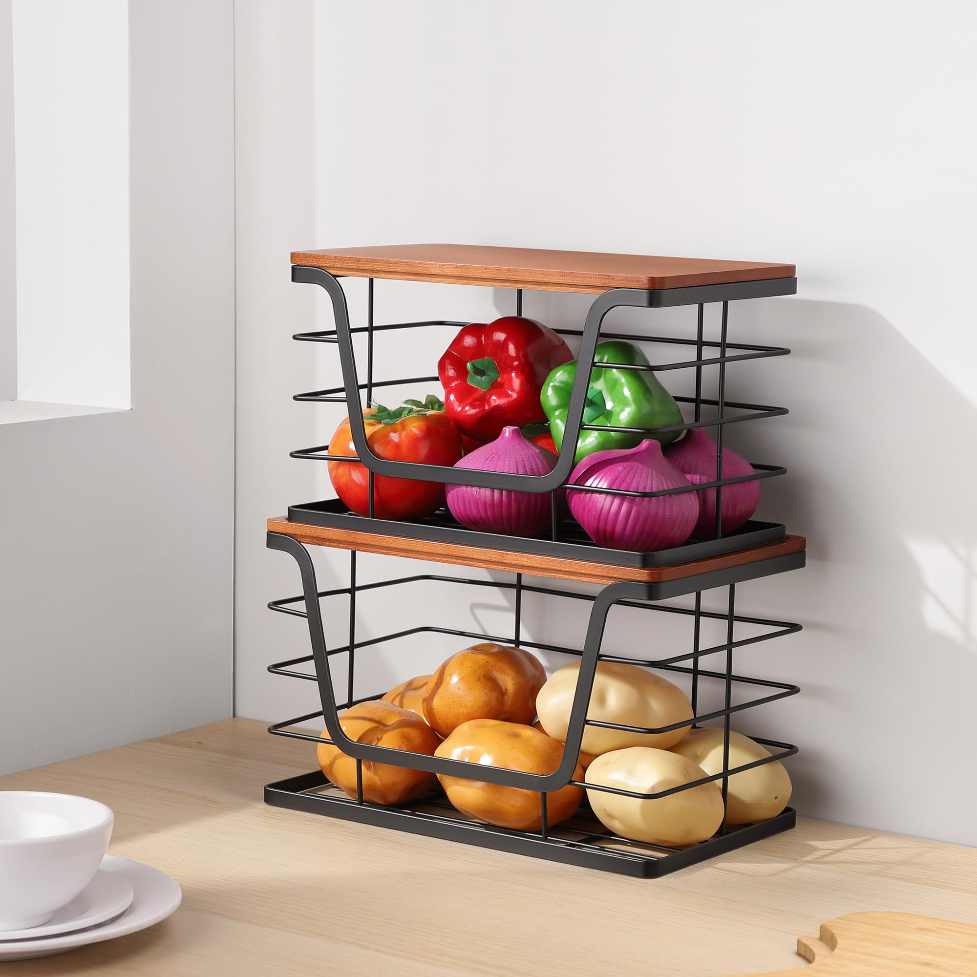 ALOCEO 2 Pack Storage Stackable Kitchen Laundry Organizers with Bamboo Top, Large Trash Bag Holder and Small Garbage Bag Dispenser for Countertop Organization
