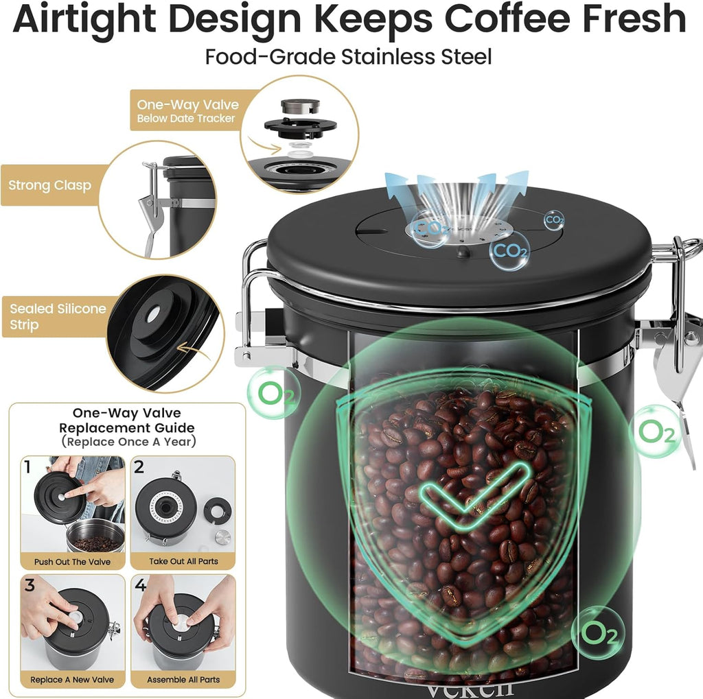Veken Coffee Canister with Window,Airtight Stainless Steel Pantry Container,Home Kitchen Food Storage Organizers for Ground,Beans,Espresso,Rice,Tea,Sugar,Cereal, Decor,Bar Accessories,Gifts,22OZ,Black
