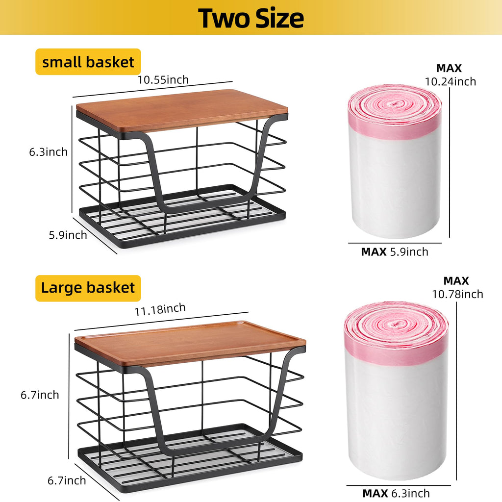 ALOCEO 2 Pack Storage Stackable Kitchen Laundry Organizers with Bamboo Top, Large Trash Bag Holder and Small Garbage Bag Dispenser for Countertop Organization