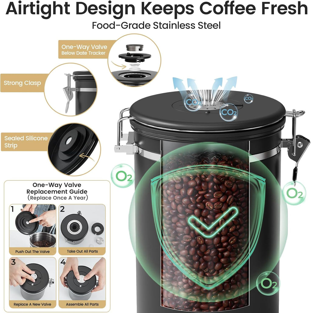 Veken Coffee Canister with Window,Airtight Stainless Steel Pantry Container,Home Kitchen Food Storage Organizers for Ground,Beans,Espresso,Rice,Tea,Sugar,Cereal, Decor,Bar Accessories,Gifts,22OZ,Black