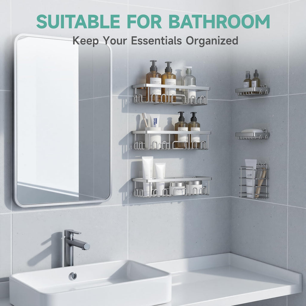 Veken Shower Caddy 6-Pack, Advanced Rustproof Design, No Drilling Adhesive Shelves, Rack with Soap Holder, Large Capacity Bathroom Organizers and Storage, Wall-Mounted Kitchen & Home Decor