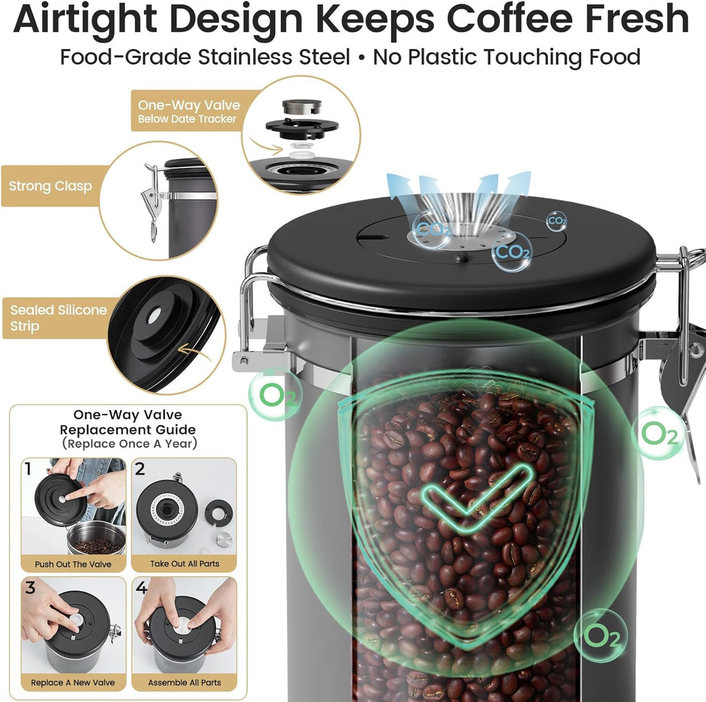 Veken Coffee Canister with Window,Airtight Stainless Steel Pantry Container,Home Kitchen Food Storage Organizers for Ground,Beans,Espresso,Rice,Tea,Sugar,Cereal, Decor,Bar Accessories,Gifts,22OZ,Black