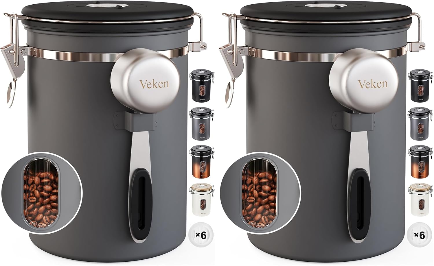 Veken Coffee Canister with Window,Airtight Stainless Steel Pantry Container,Home Kitchen Food Storage Organizers for Ground,Beans,Espresso,Rice,Tea,Sugar,Cereal, Decor,Bar Accessories,Gifts,22OZ,Black