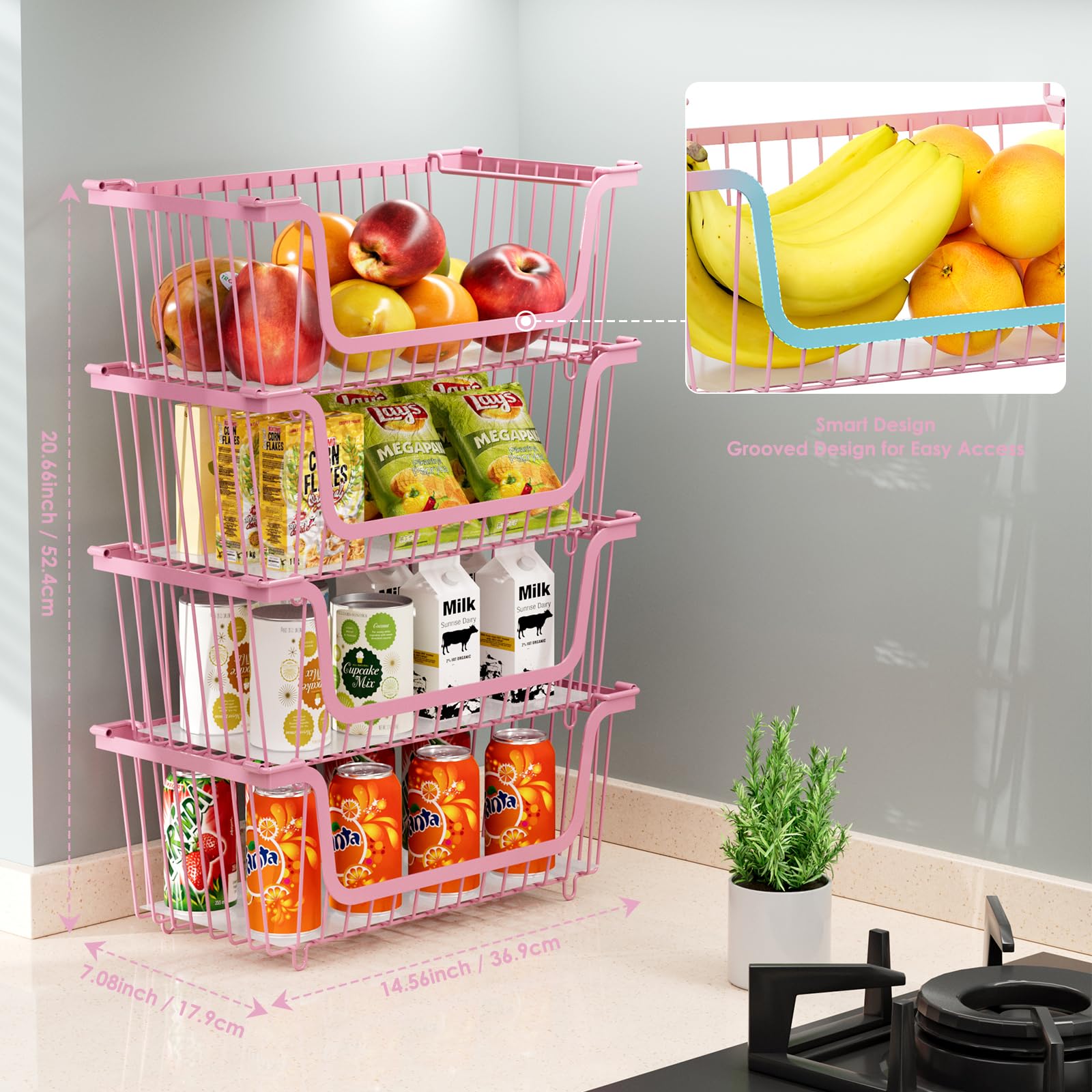 GAOKASE 4 Pcs Stackable Wire Baskets for Pantry Organizers and Storage,Vegetable Fruit Basket for Countertop,Kitchen Storage Metal Baskets,Produce Potato Onion Storage Bin,Black