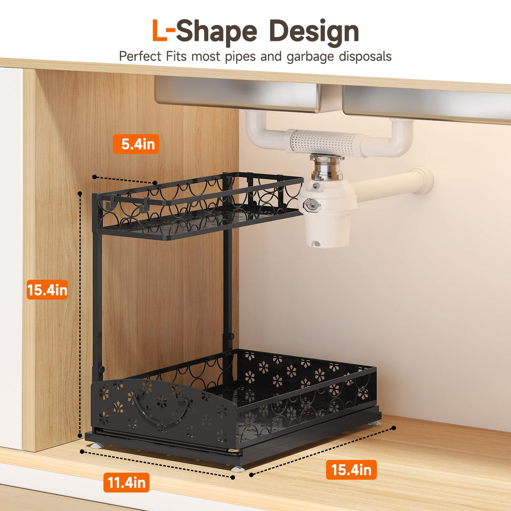 Sevenblue 2 Packs Under Sink Organizer, Height Adjustable 2 Tier Under Kitchen Sink Organizer, Multi-Purpose Storage Shelf for Kitchen Bathroom Cabinet (Black, Large)