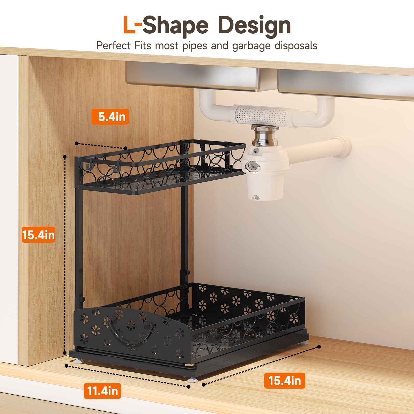 Sevenblue 2 Packs Under Sink Organizer, Height Adjustable 2 Tier Under Kitchen Sink Organizer, Multi-Purpose Storage Shelf for Kitchen Bathroom Cabinet (Black, Large)