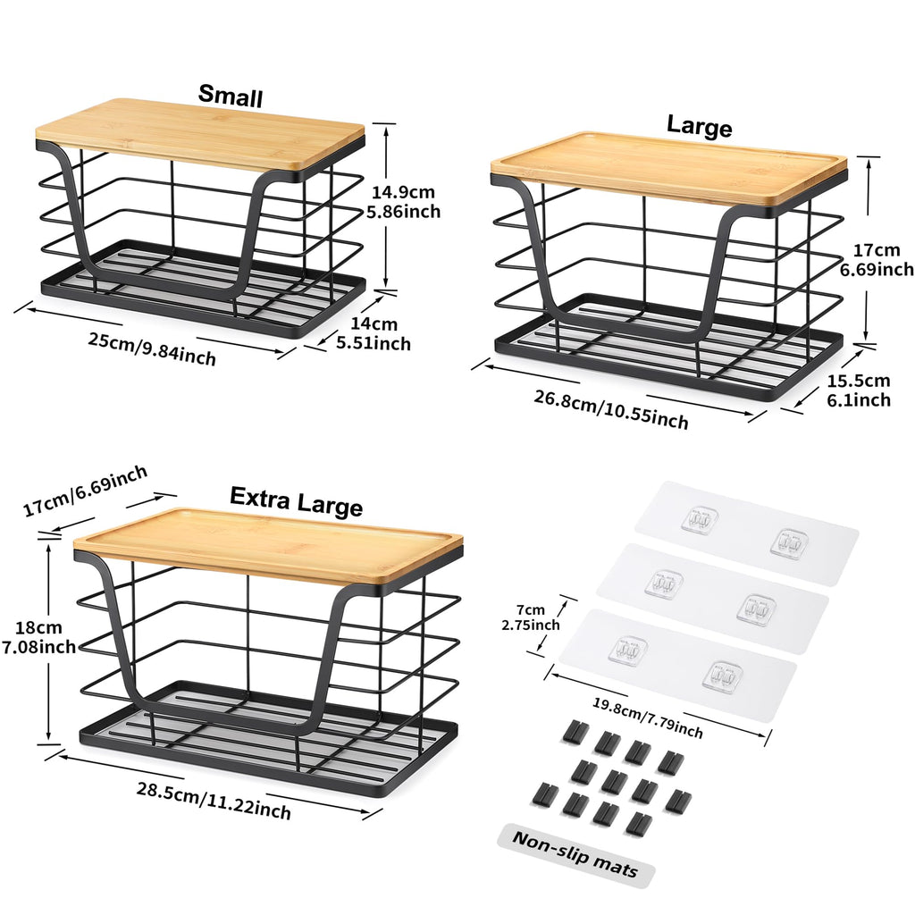 ALOCEO 2 Pack Storage Stackable Kitchen Laundry Organizers with Bamboo Top, Large Trash Bag Holder and Small Garbage Bag Dispenser for Countertop Organization