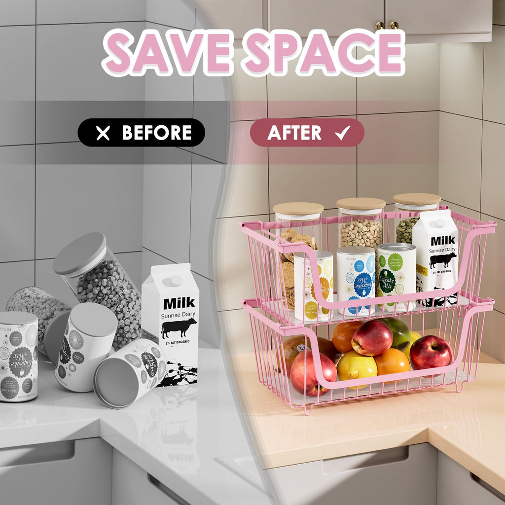 GAOKASE 4 Pcs Stackable Wire Baskets for Pantry Organizers and Storage,Vegetable Fruit Basket for Countertop,Kitchen Storage Metal Baskets,Produce Potato Onion Storage Bin,Black