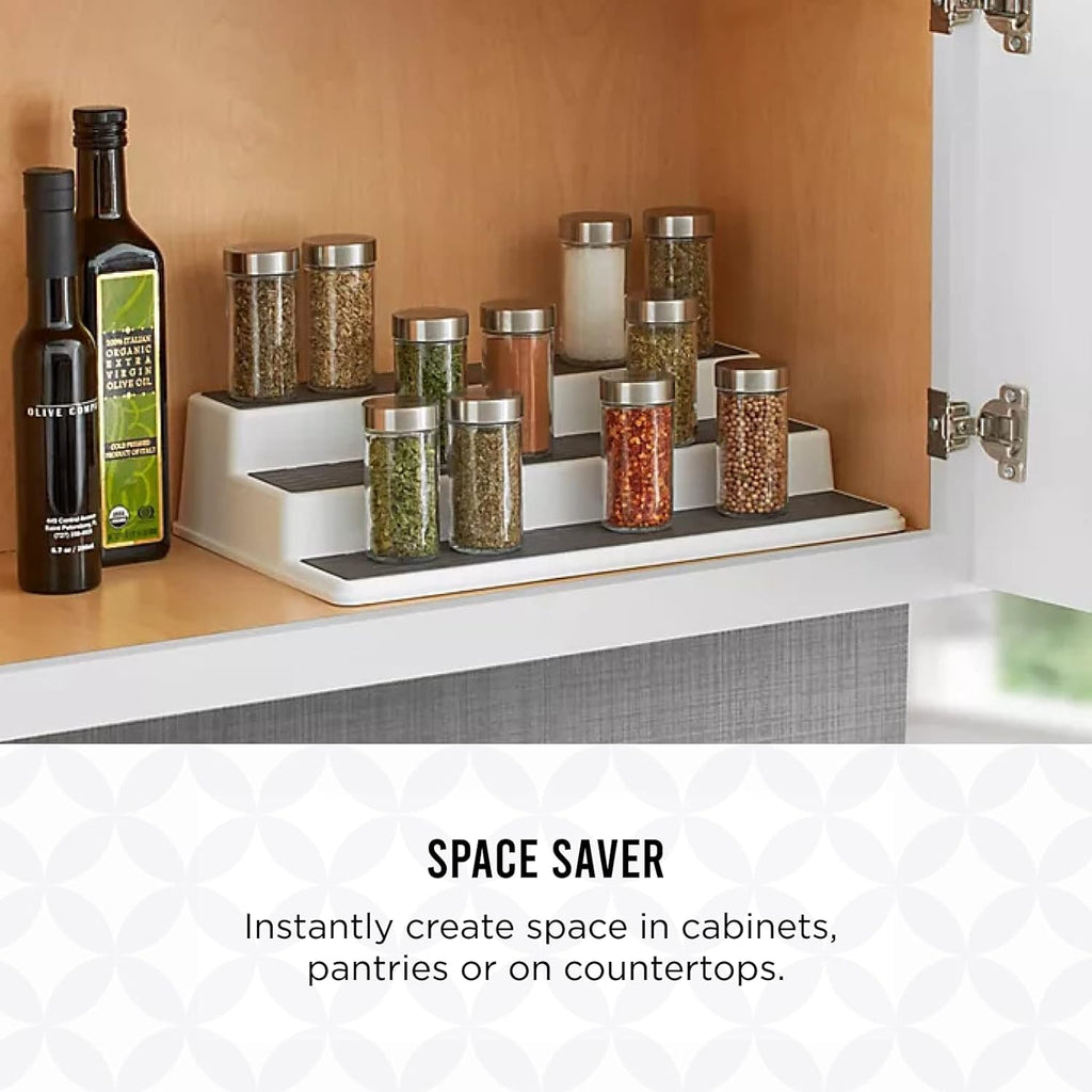 Copco 3-Tier Non-Skid Spice Rack Organizer for Kitchen Cabinet or Pantry, 15-Inch Tiered Shelf, White/Gray, Slip-Resistant Design for Jars and Bottles