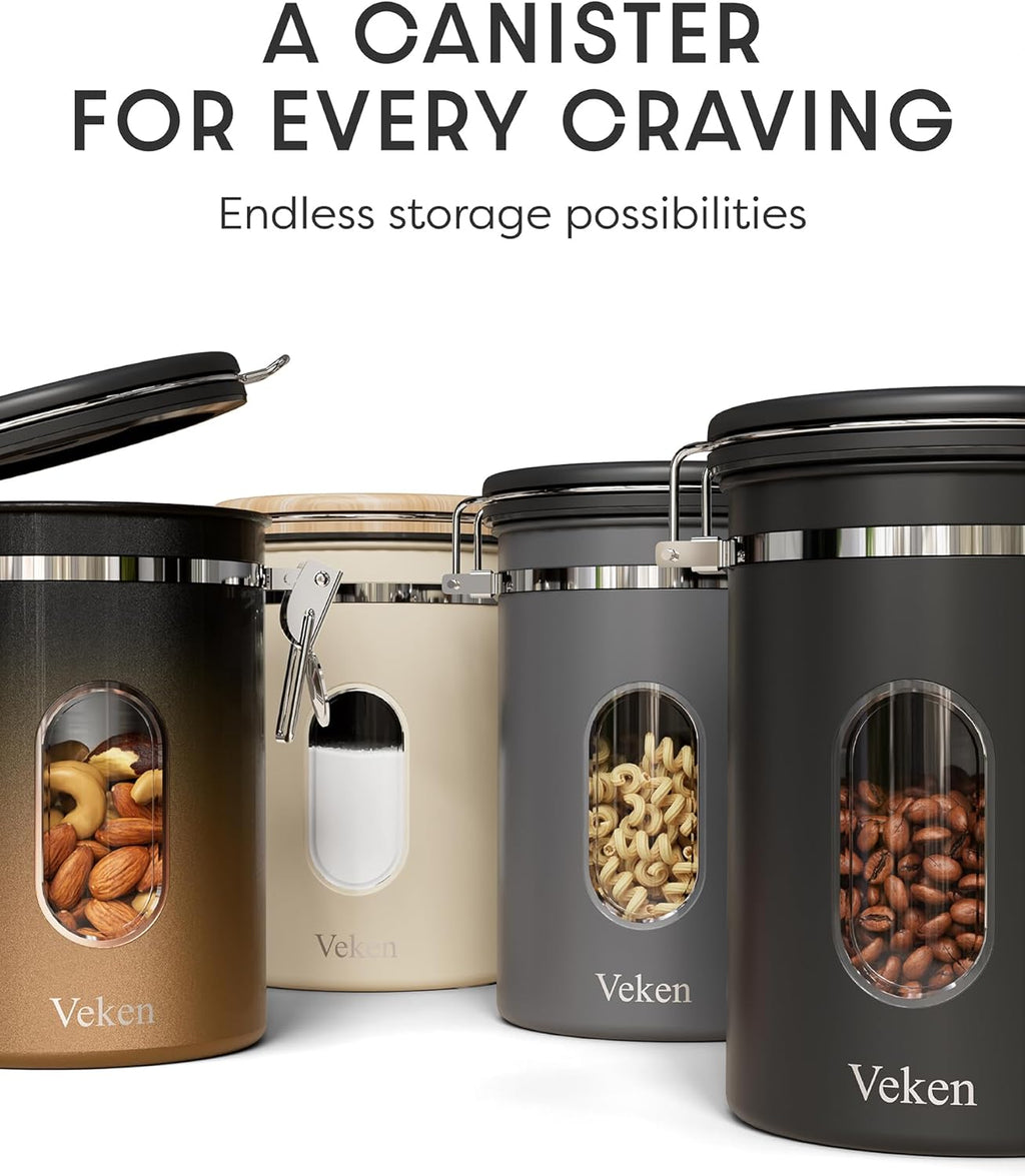 Veken Coffee Canister with Window,Airtight Stainless Steel Pantry Container,Home Kitchen Food Storage Organizers for Ground,Beans,Espresso,Rice,Tea,Sugar,Cereal, Decor,Bar Accessories,Gifts,22OZ,Black