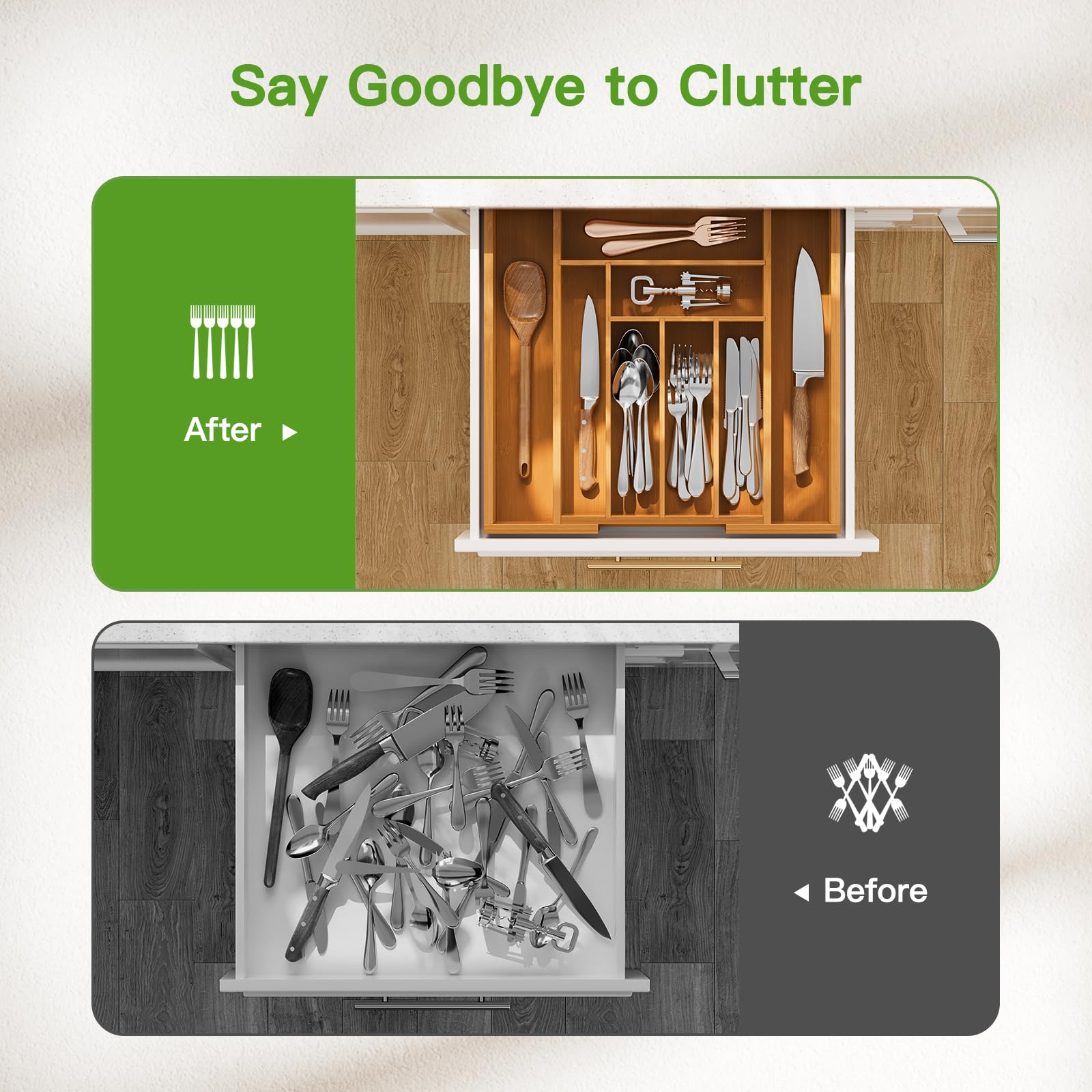 Pipishell Bamboo Expandable Silverware Drawer Organizer