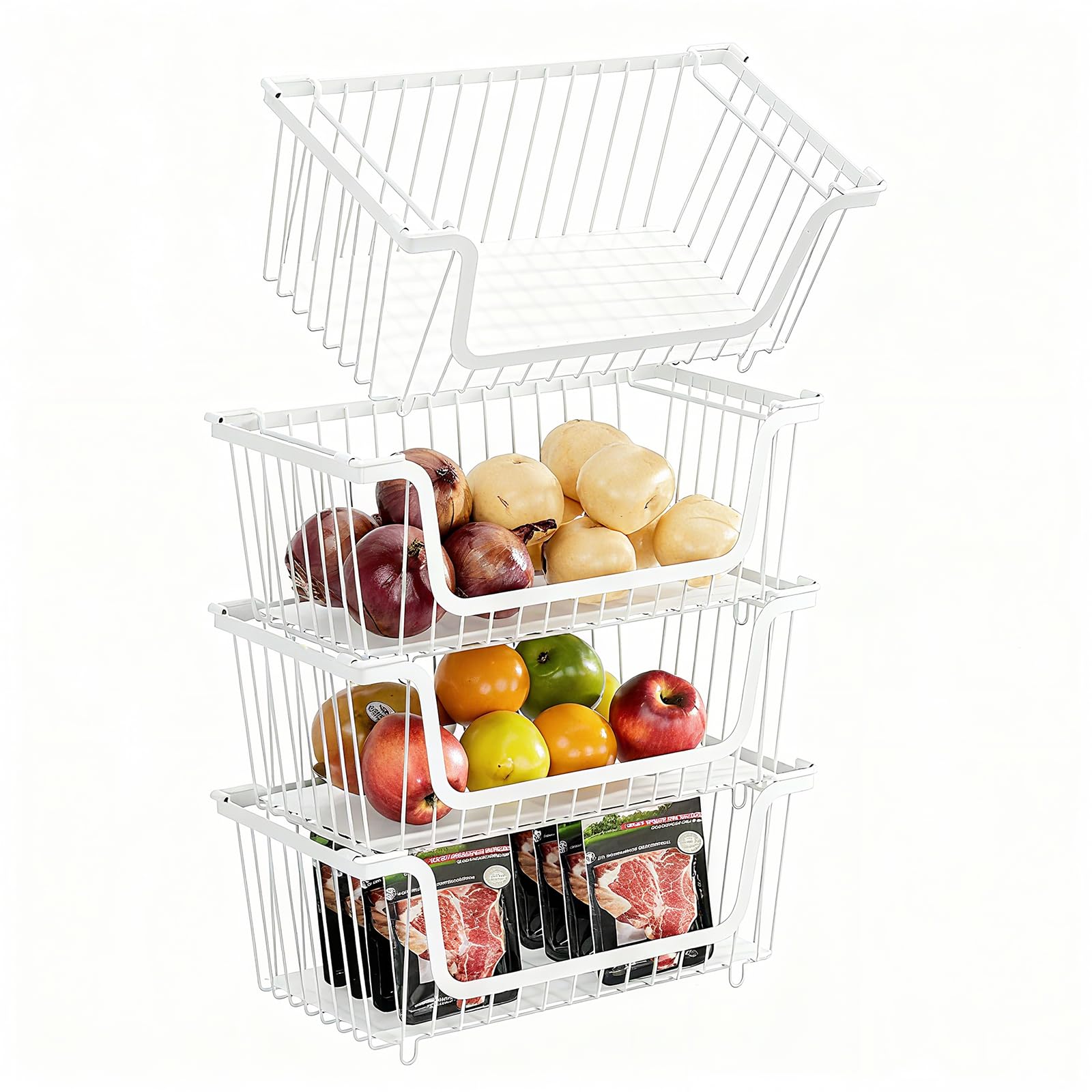 GAOKASE 4 Pcs Stackable Wire Baskets for Pantry Organizers and Storage,Vegetable Fruit Basket for Countertop,Kitchen Storage Metal Baskets,Produce Potato Onion Storage Bin,Black