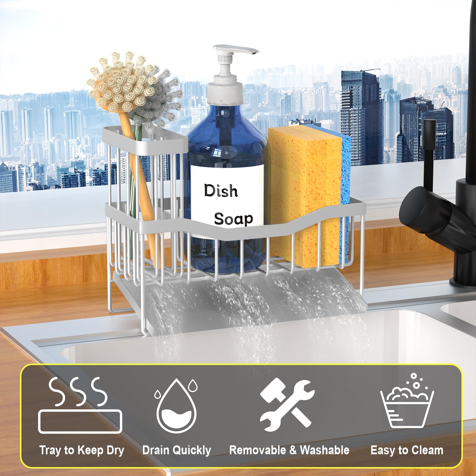 Fssvcd Maifan Sink Caddy Sponge Holder for Kitchen with Brush Holder and Stainless Steel Self Drain Tray, Rustproof Kitchen Sink Organizer for Sponge, Soap Dispenser Storage Accessories