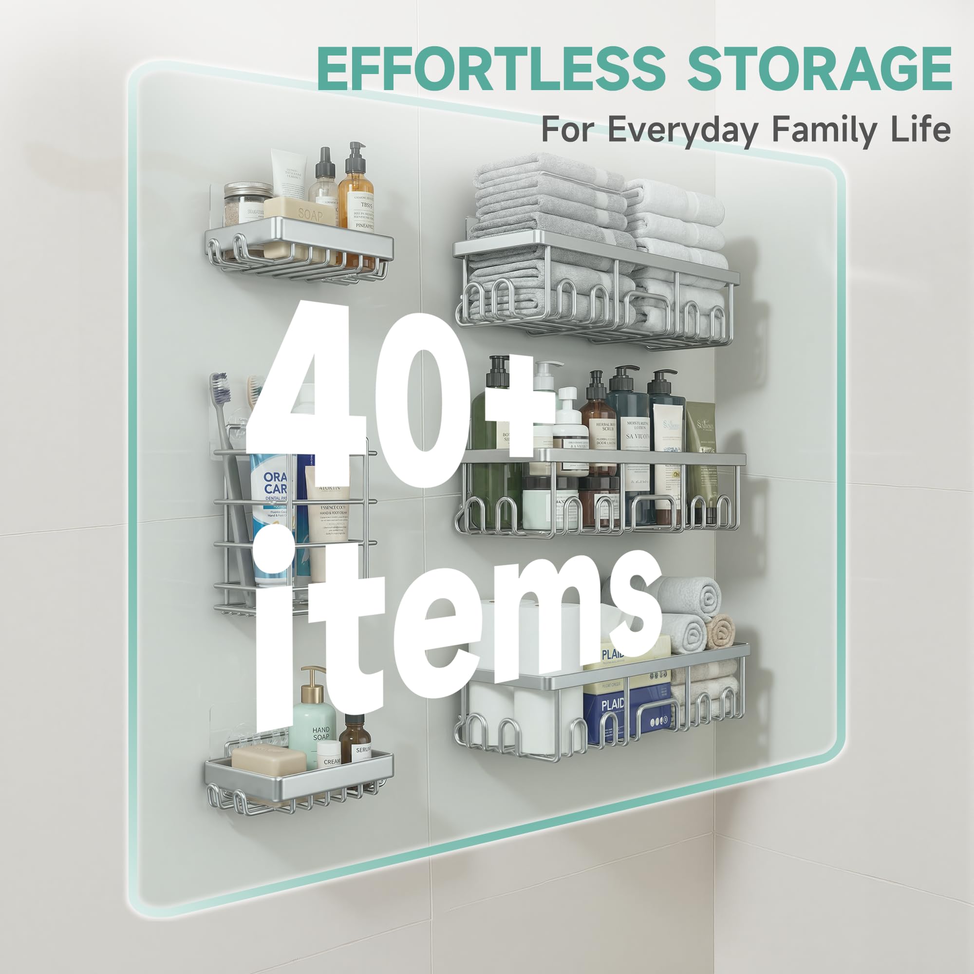 Veken Shower Caddy 6-Pack, Advanced Rustproof Design, No Drilling Adhesive Shelves, Rack with Soap Holder, Large Capacity Bathroom Organizers and Storage, Wall-Mounted Kitchen & Home Decor