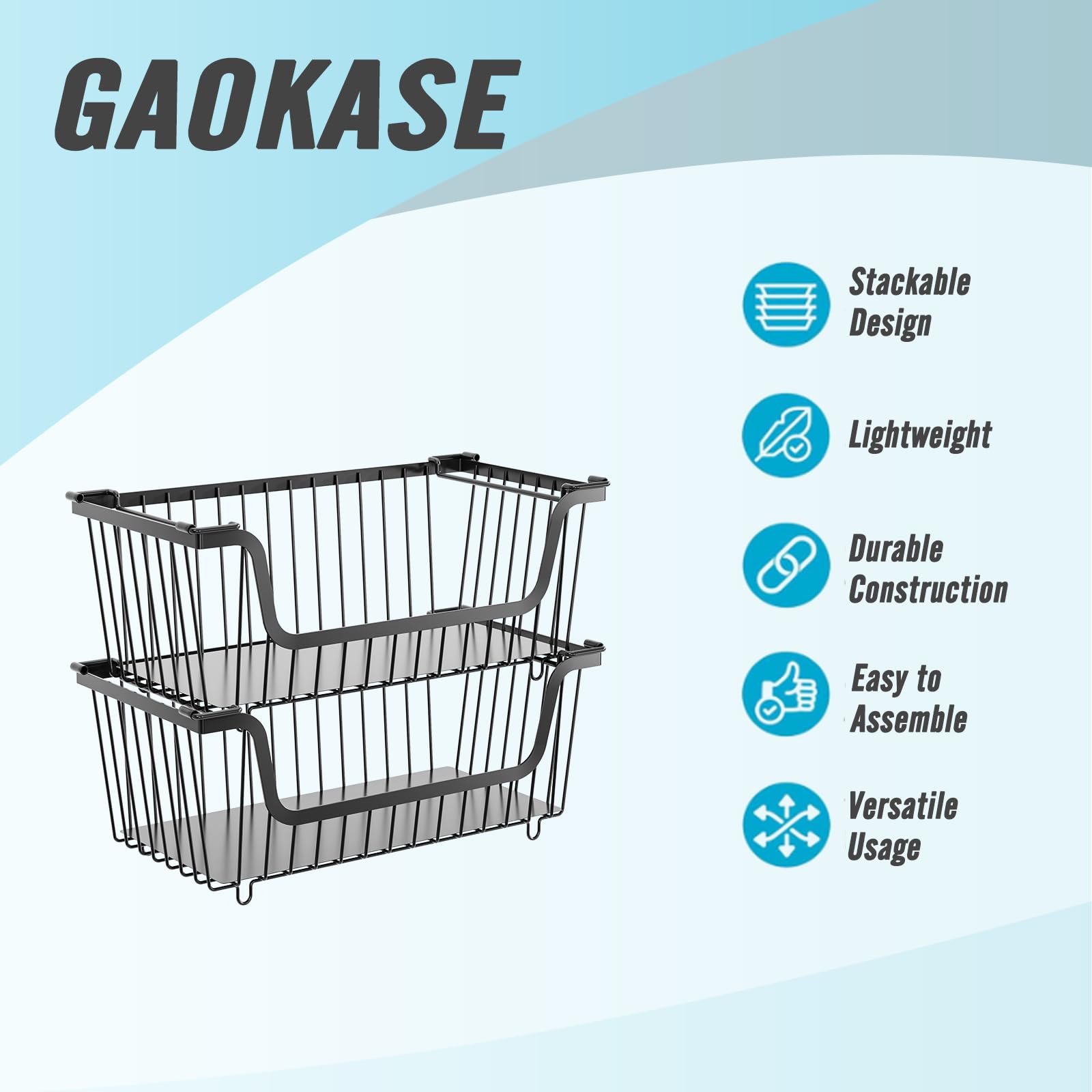 GAOKASE 4 Pcs Stackable Wire Baskets for Pantry Organizers and Storage,Vegetable Fruit Basket for Countertop,Kitchen Storage Metal Baskets,Produce Potato Onion Storage Bin,Black