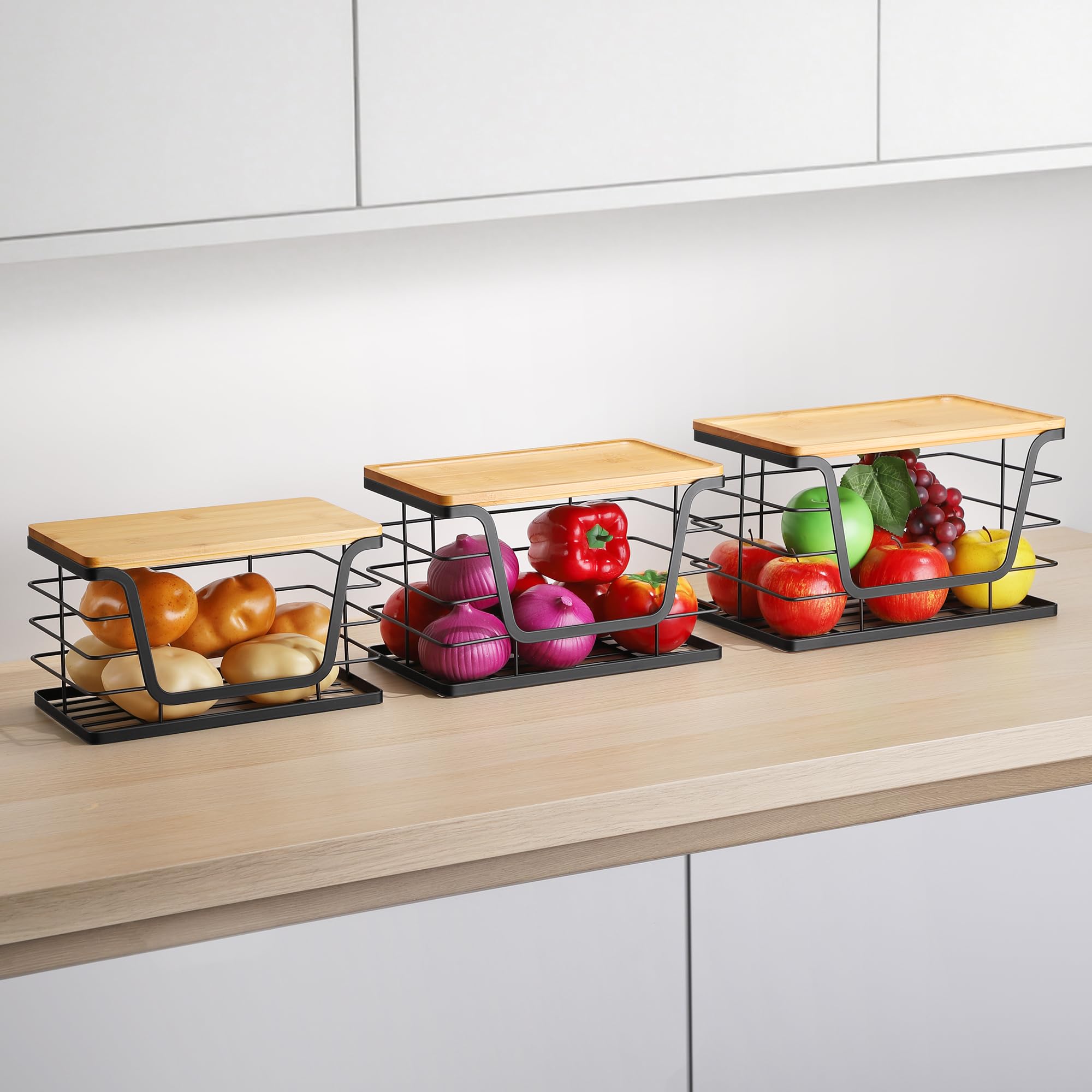 ALOCEO 2 Pack Storage Stackable Kitchen Laundry Organizers with Bamboo Top, Large Trash Bag Holder and Small Garbage Bag Dispenser for Countertop Organization