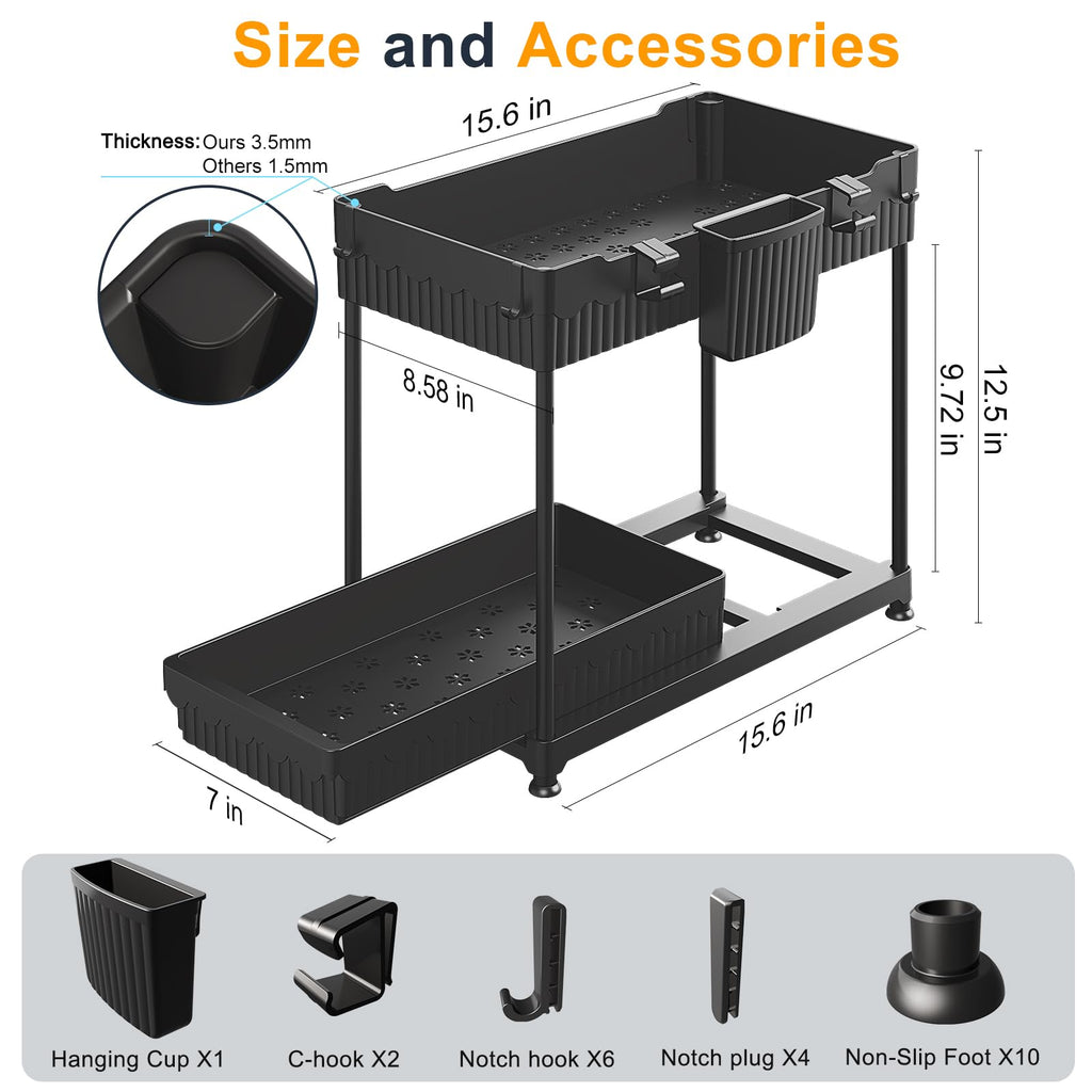 Sevenblue 2 Packs Under Sink Organizer, Height Adjustable 2 Tier Under Kitchen Sink Organizer, Multi-Purpose Storage Shelf for Kitchen Bathroom Cabinet (Black, Large)