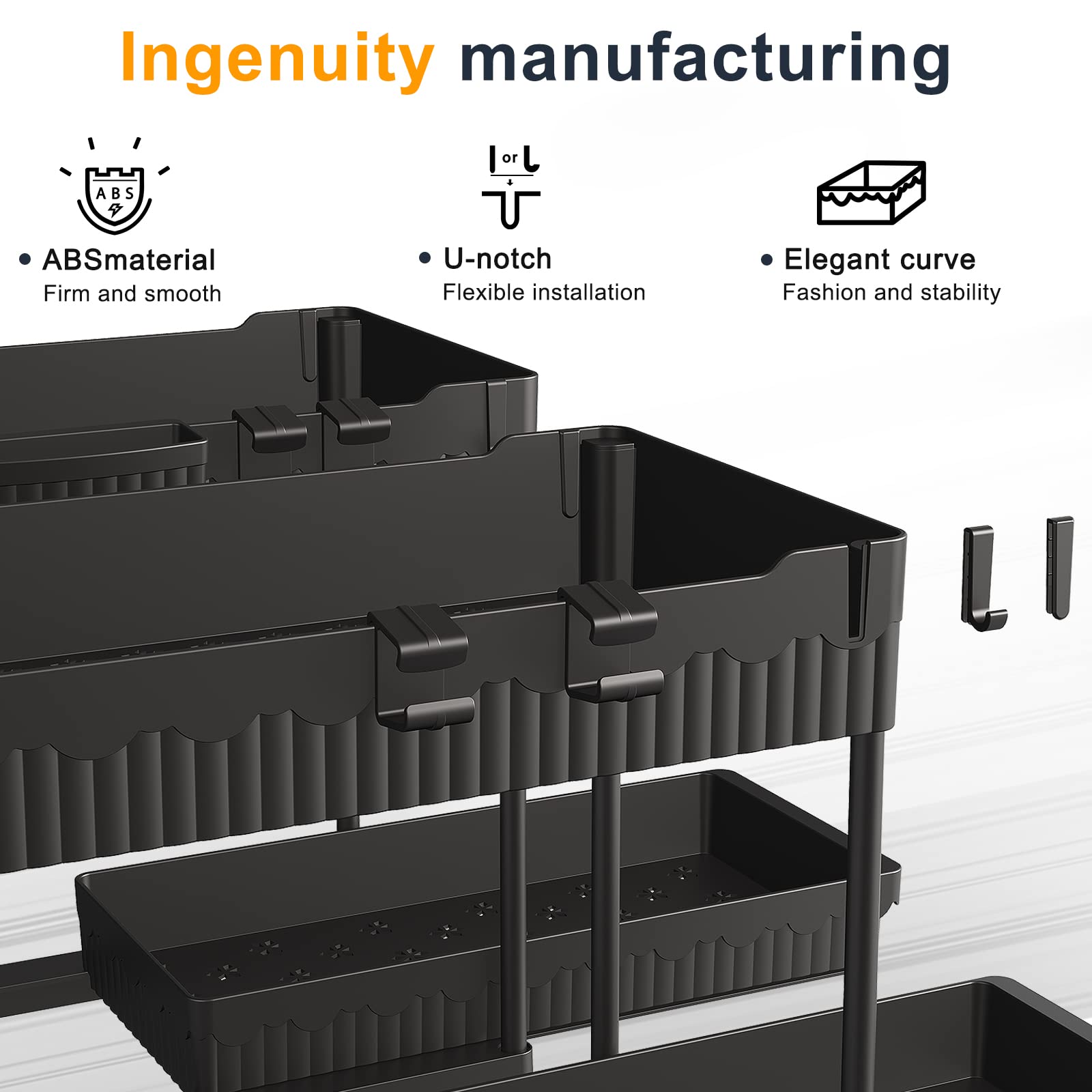 Sevenblue 2 Packs Under Sink Organizer, Height Adjustable 2 Tier Under Kitchen Sink Organizer, Multi-Purpose Storage Shelf for Kitchen Bathroom Cabinet (Black, Large)