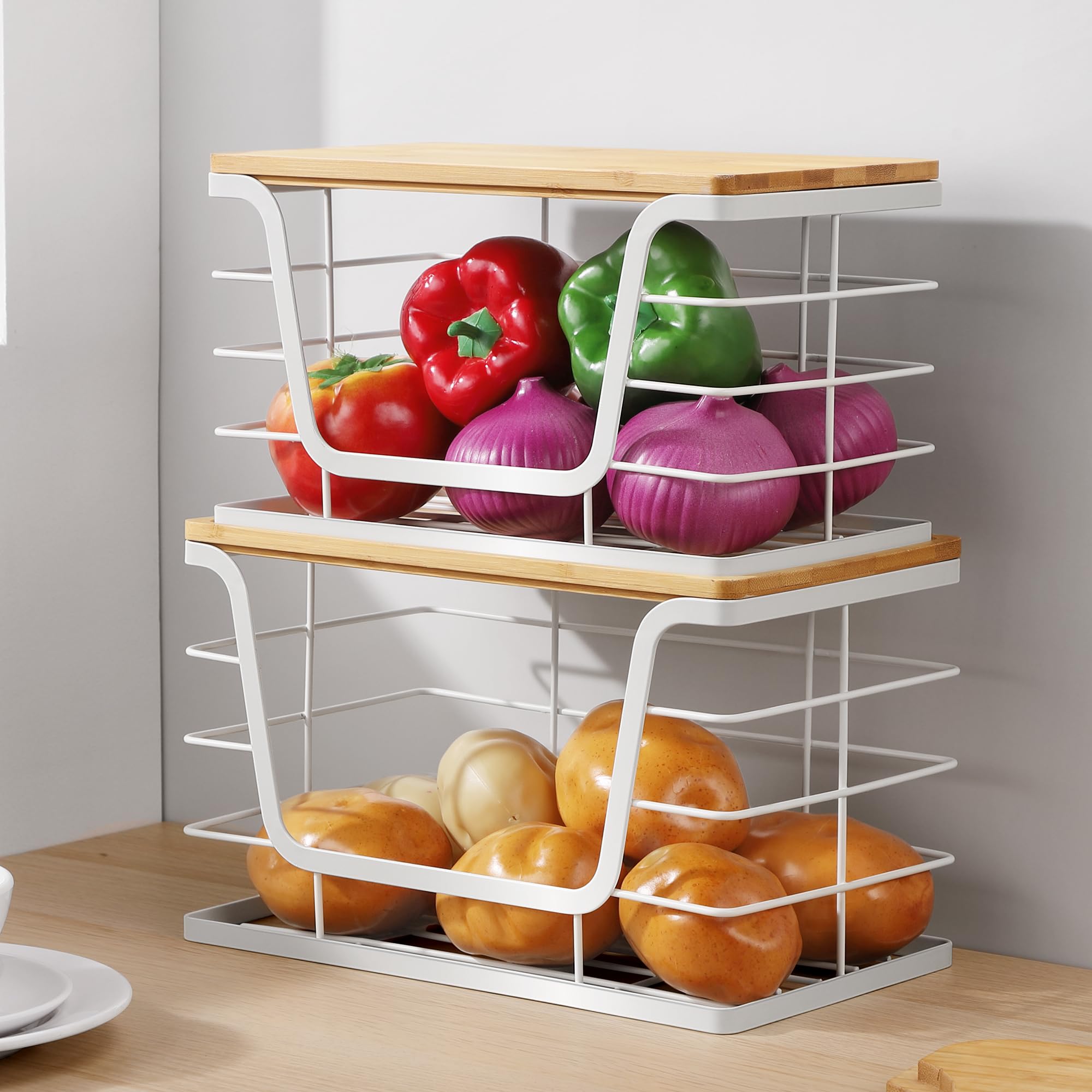 ALOCEO 2 Pack Storage Stackable Kitchen Laundry Organizers with Bamboo Top, Large Trash Bag Holder and Small Garbage Bag Dispenser for Countertop Organization