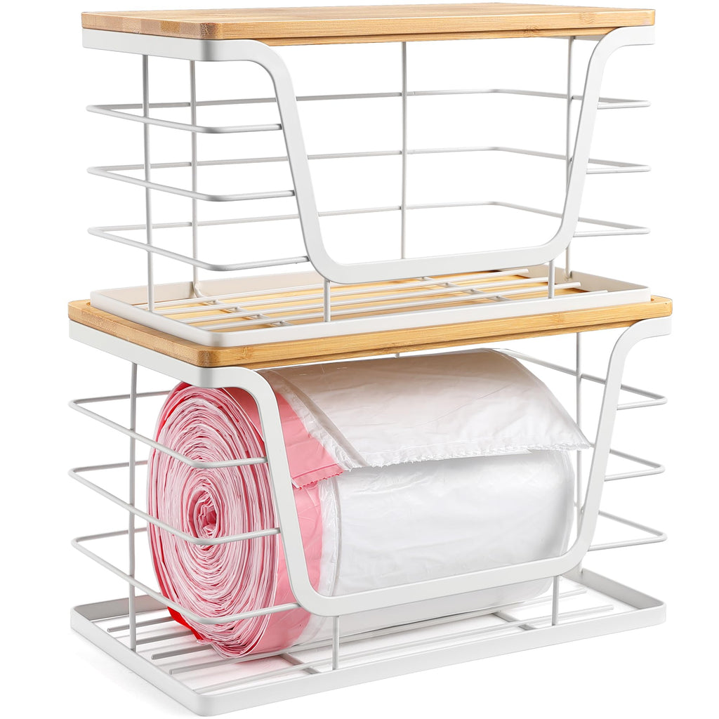 ALOCEO 2 Pack Storage Stackable Kitchen Laundry Organizers with Bamboo Top, Large Trash Bag Holder and Small Garbage Bag Dispenser for Countertop Organization