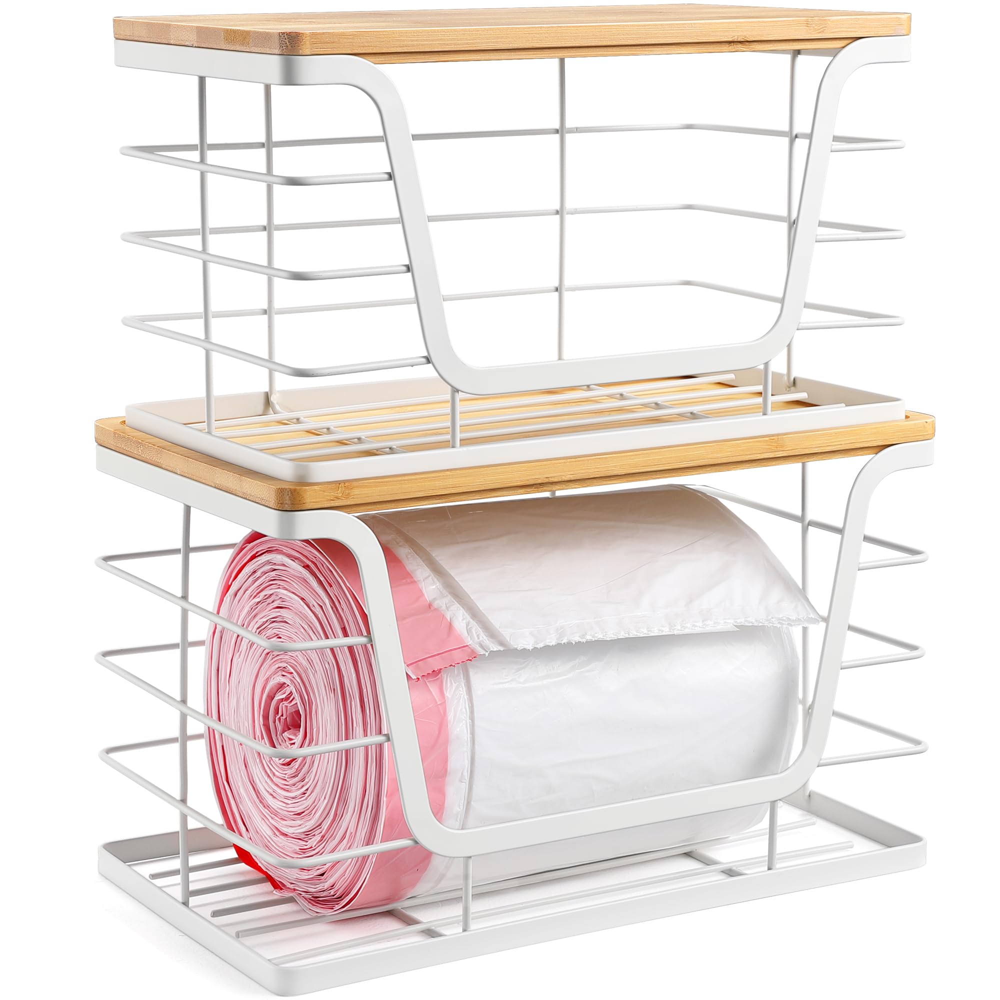 ALOCEO 2 Pack Storage Stackable Kitchen Laundry Organizers with Bamboo Top, Large Trash Bag Holder and Small Garbage Bag Dispenser for Countertop Organization
