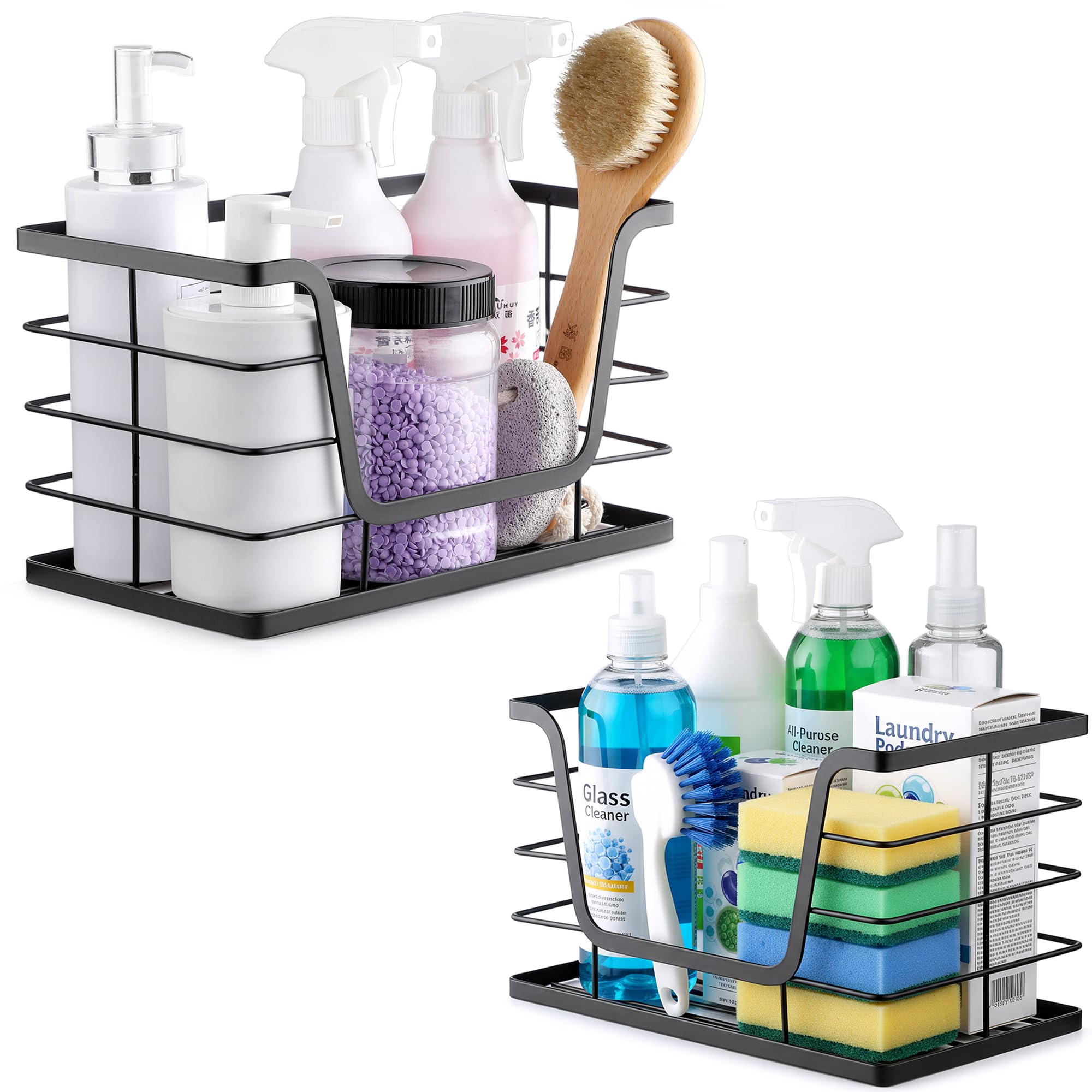 ALOCEO 2 Pack Storage Stackable Kitchen Laundry Organizers with Bamboo Top, Large Trash Bag Holder and Small Garbage Bag Dispenser for Countertop Organization